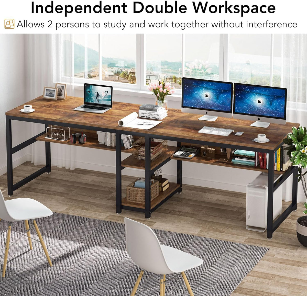 78.7" Double Desk for Two Persons with Bookshelves