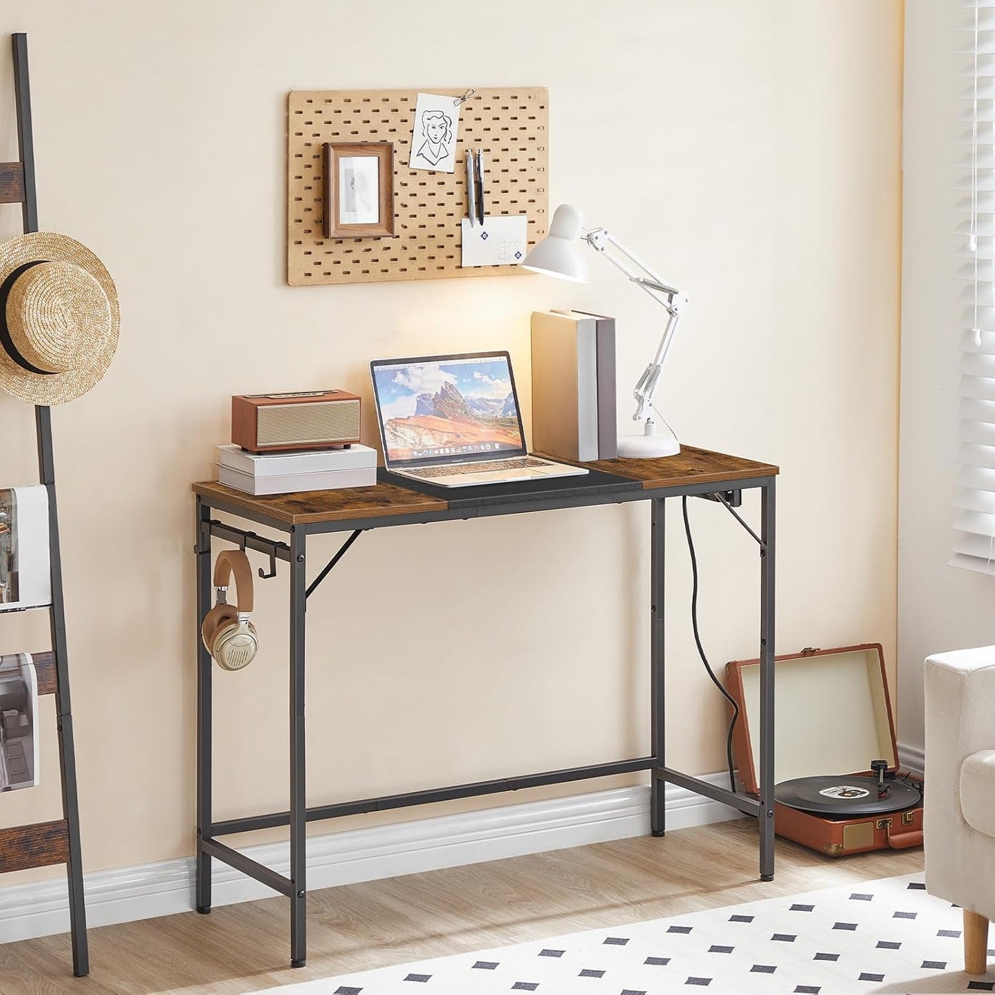 Computer Desk With Power Outlets In Rustic Brown And Black