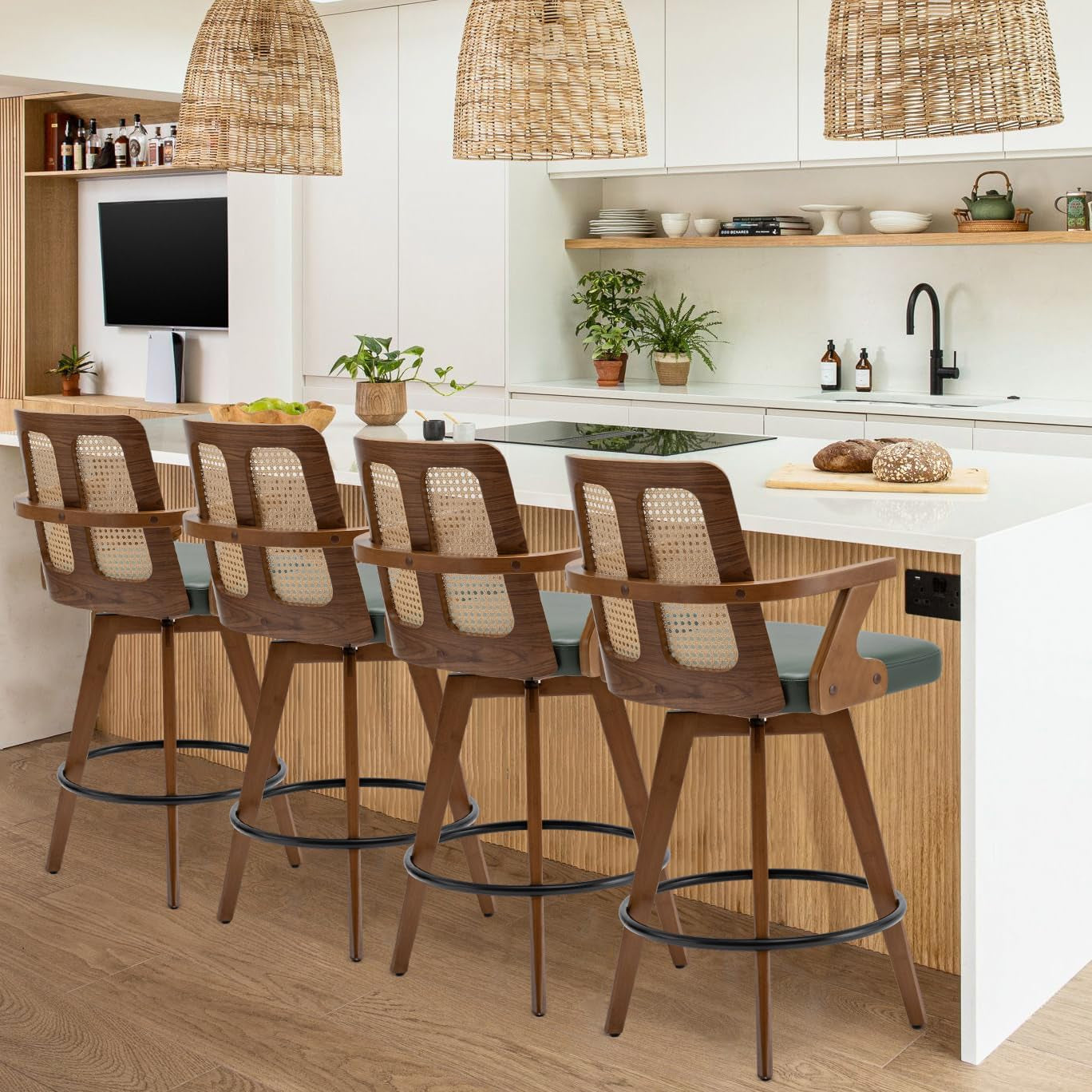 Swivel Counter Stools Set of Two with Rattan Back