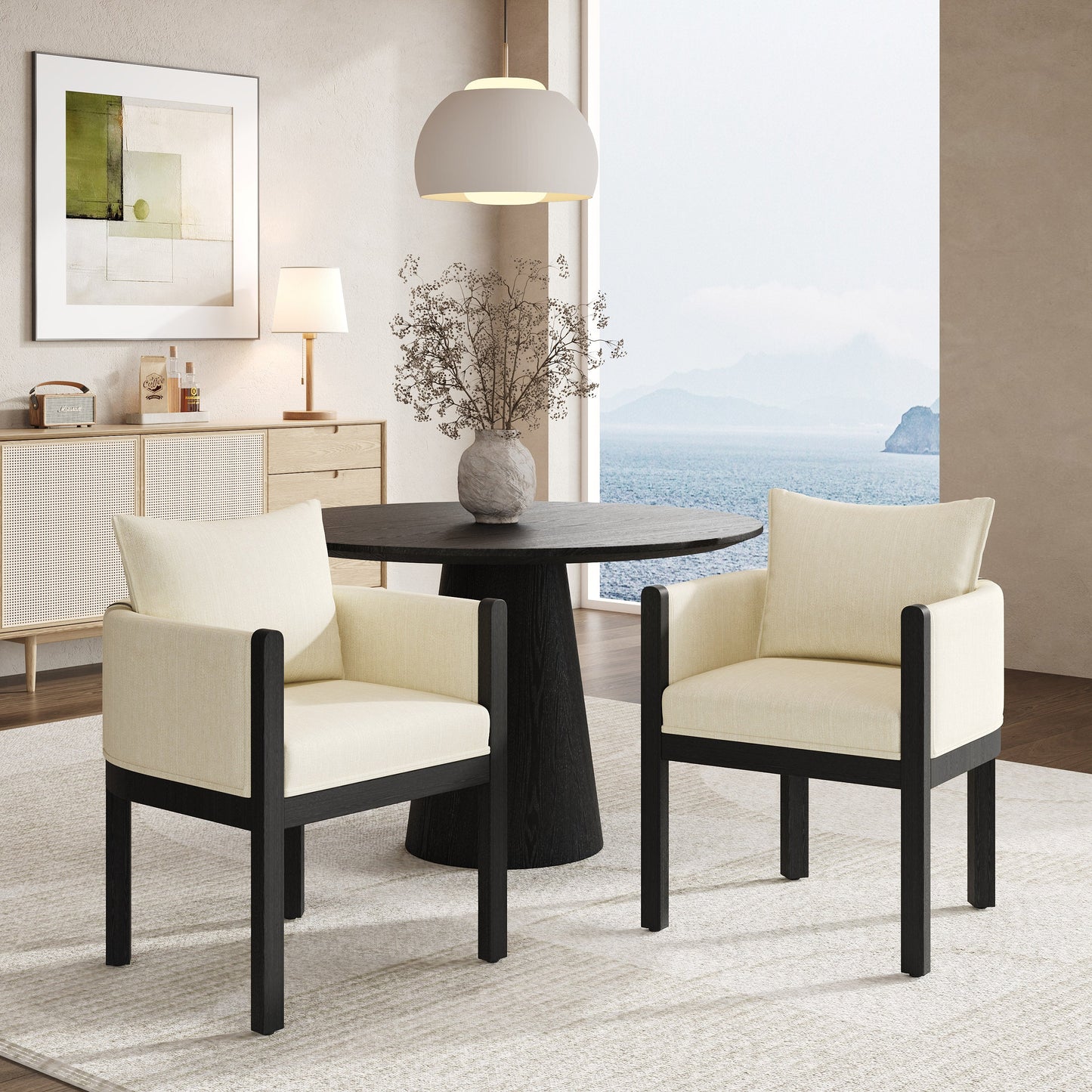 Linen Upholstered Armchair with Black Rubber Wood Legs