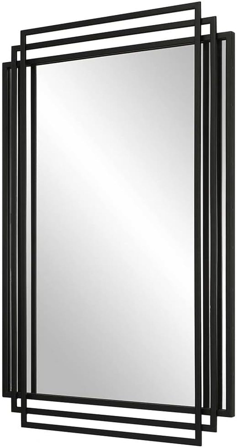 Amherst Matte Black Iron Mirror 36.5 Tall 23.75 Wide with overlapping iron frame and sleek finish.