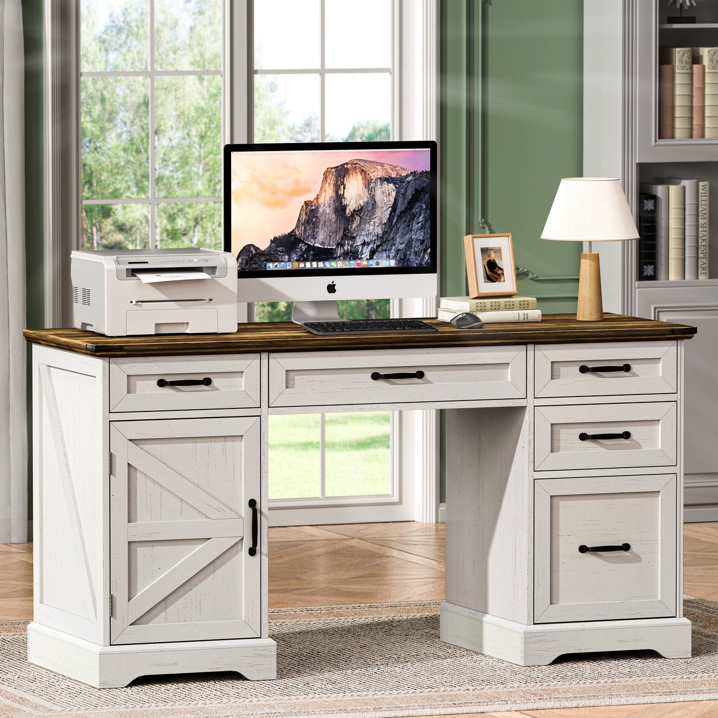 58" Farmhouse Executive Desk with Drawers and File Cabinet