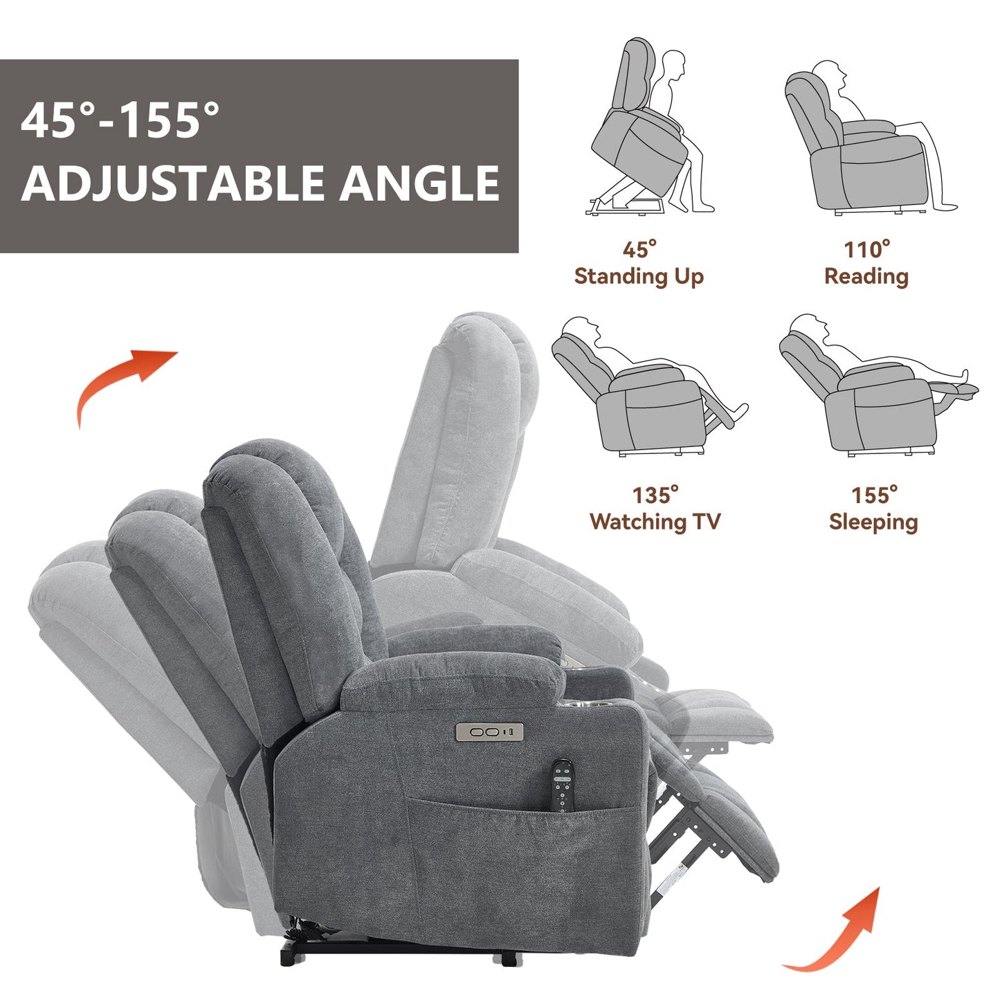 Lift Recliner Chair with Massage and Heat for Elderly, Overstuffed Wide Recliners, Heavy Duty Motion Mechanism with USB and Type C Ports, 2 Steel Cup Holders, Blue Grey