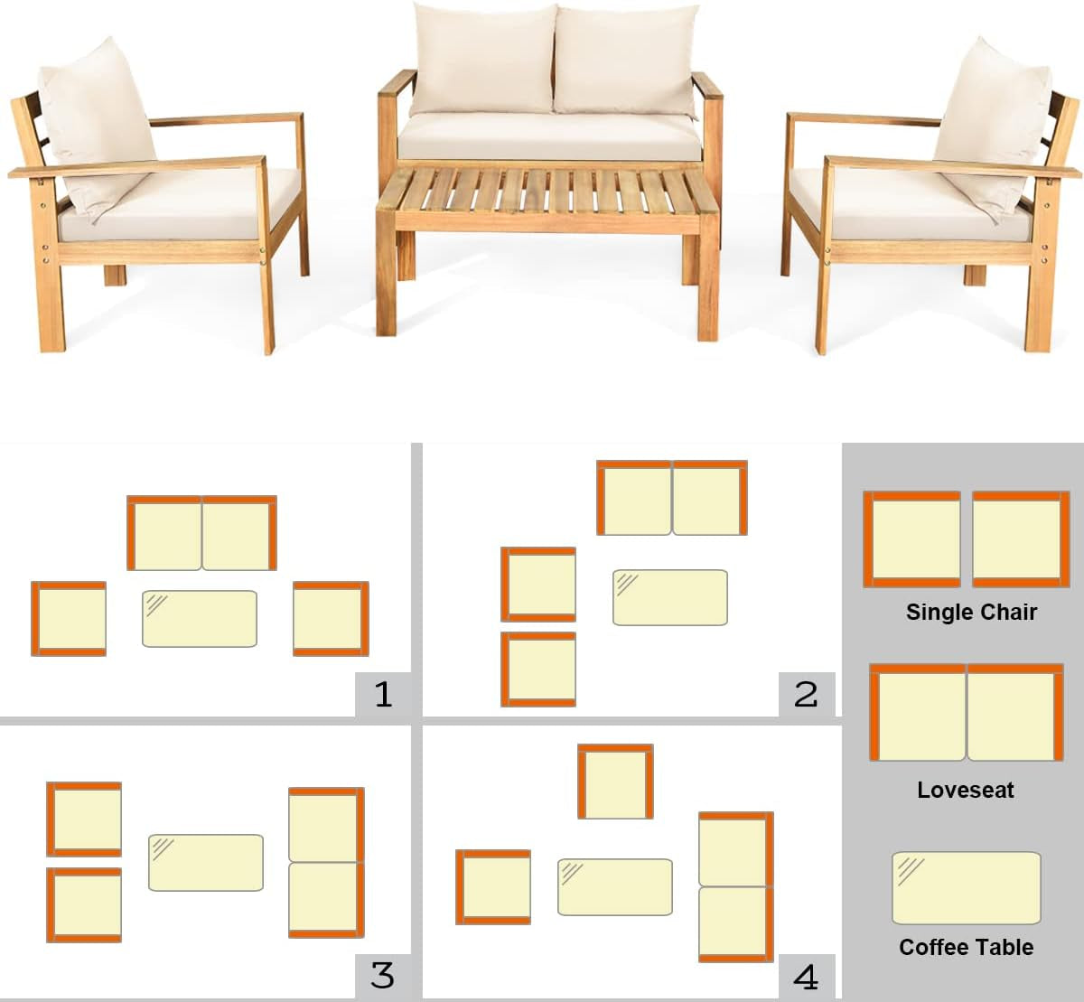 Outdoor Acacia Wood 4-Piece Chat Set Teak Finish Cushions