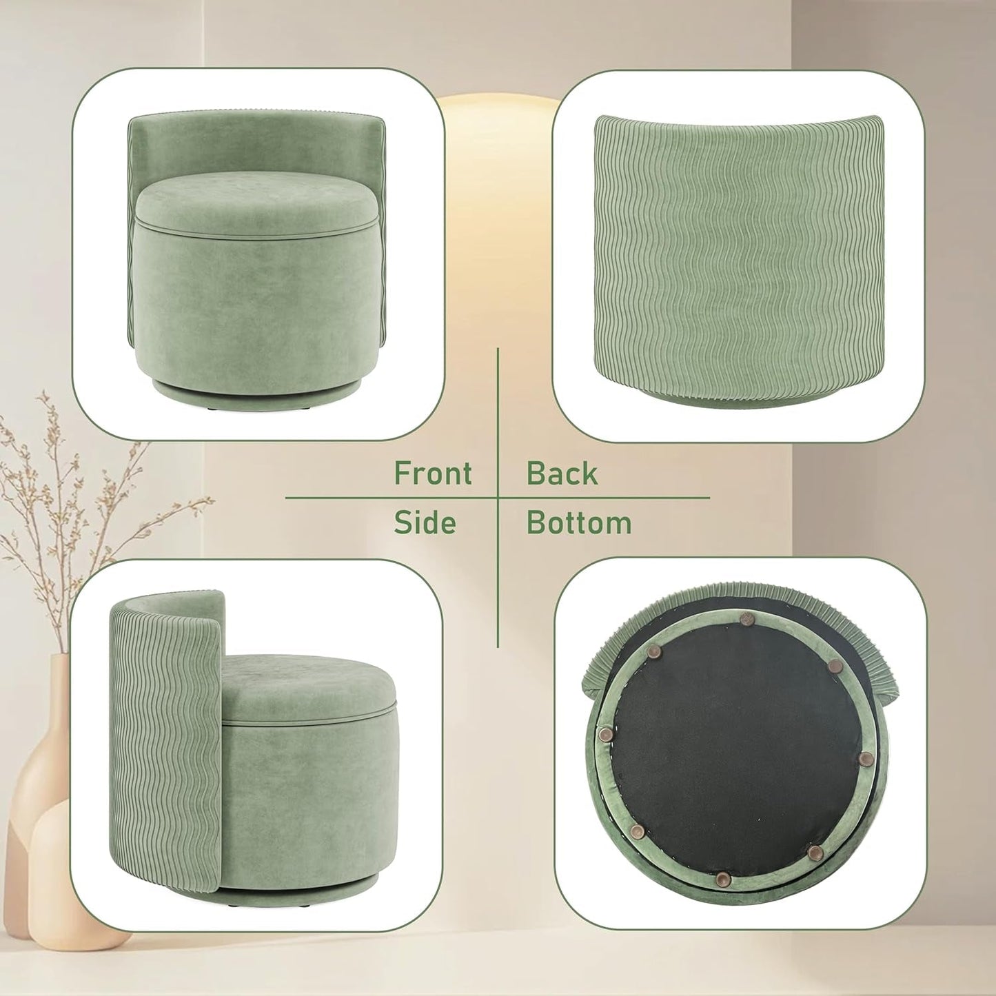 Emerald Velvet Vanity Ottoman With 360DegreeSwivel