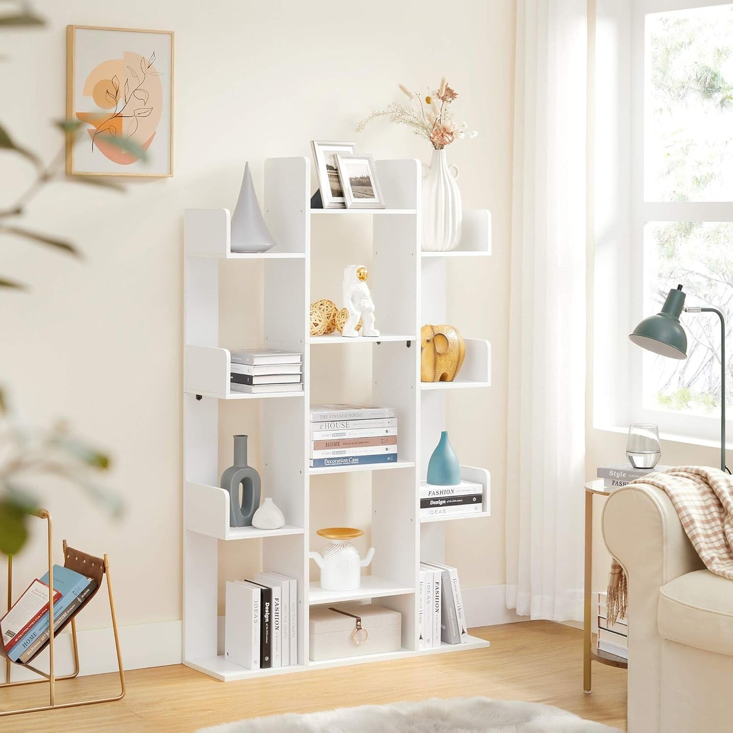 Tree Shaped Bookcase Freestanding White 13 Shelves Storage