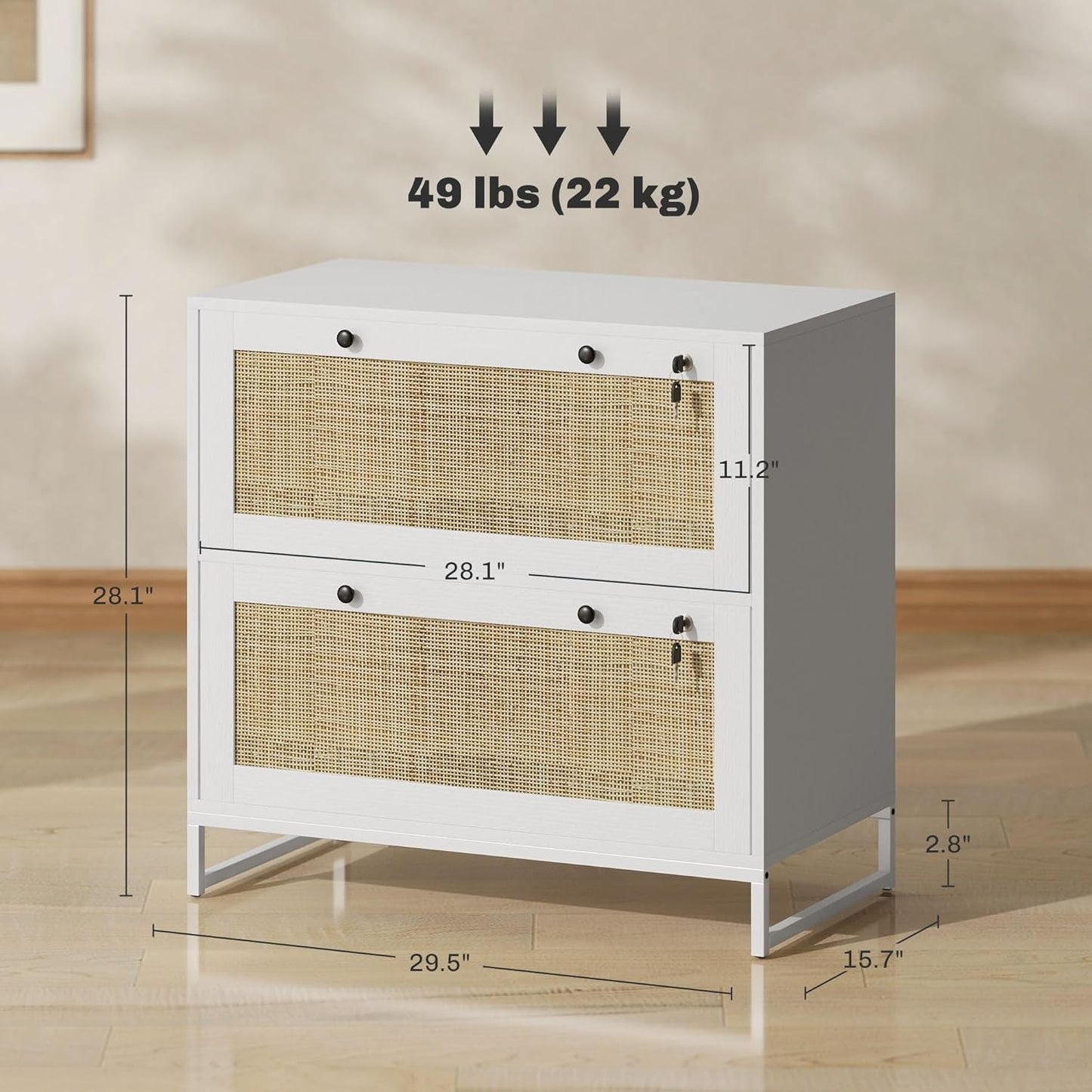 White Rattan 2 Drawer Locking Lateral File Cabinet