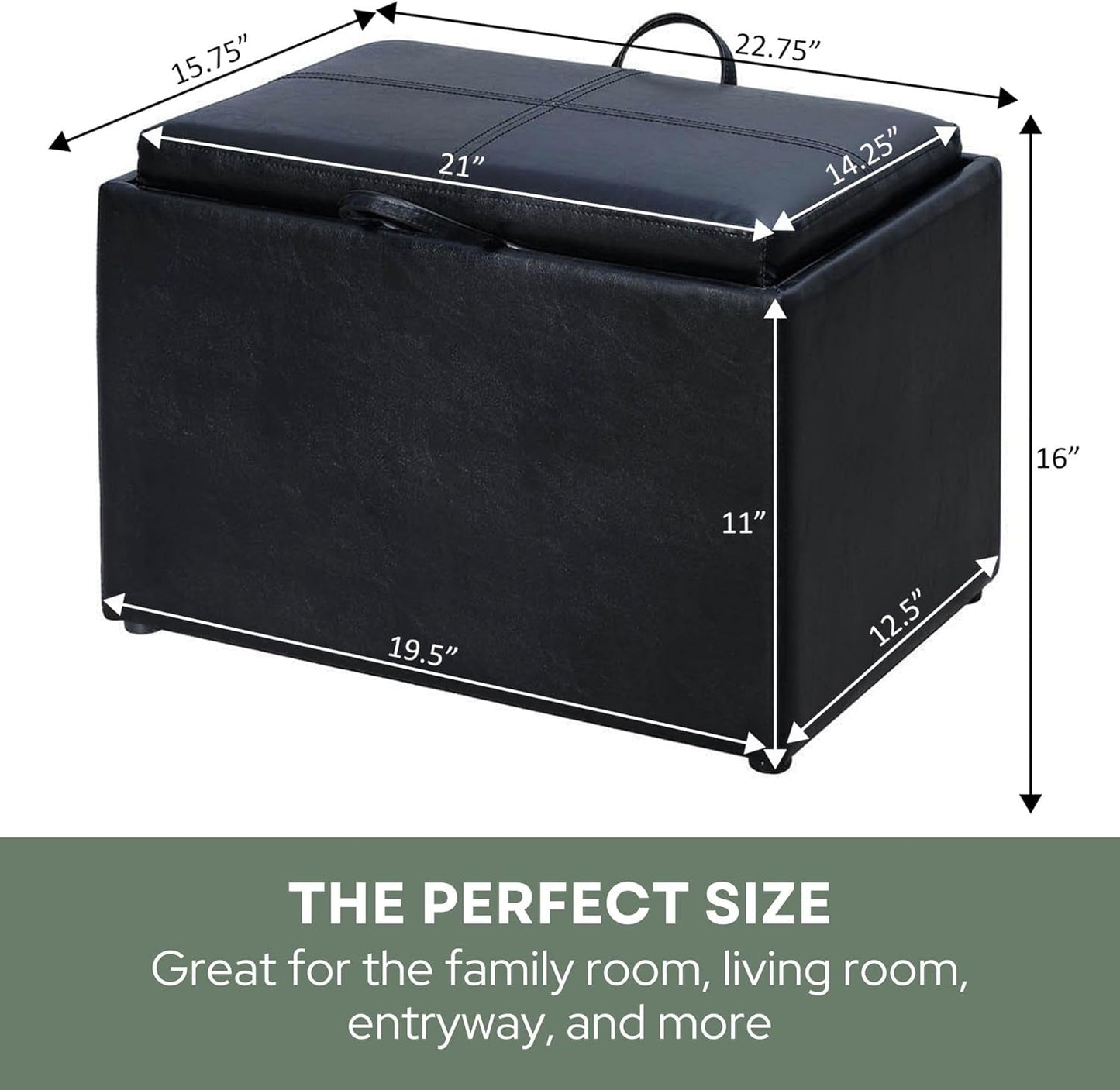Accent Storage Ottoman 22 Point 75 Inches Charcoal Jet Black