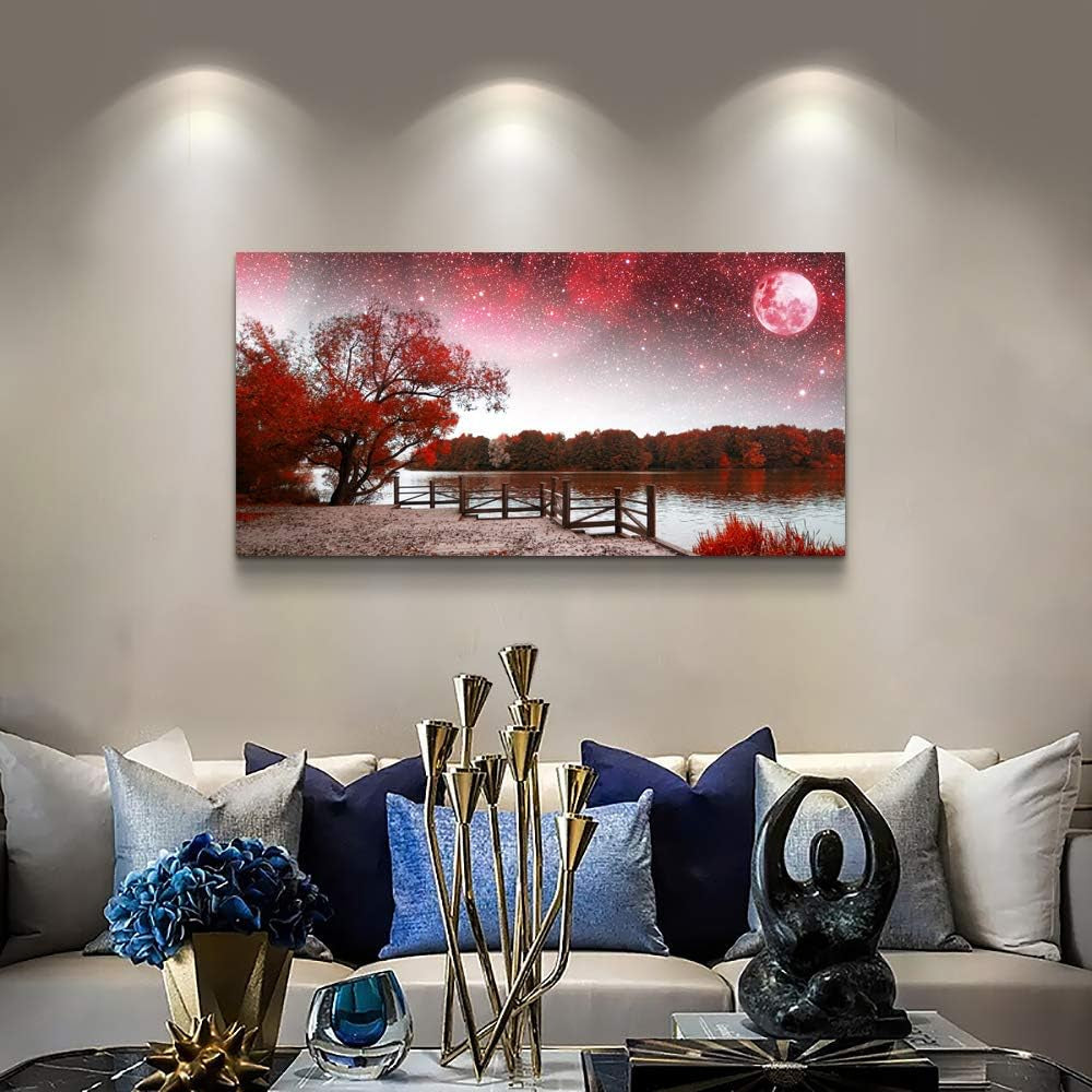 Stunning Red Tree and Moon Canvas Art - Exquisite Starry Sky Landscape Poster for Living Room & Bedroom Decor - Ready to Hang Wall Art for Your Home or Office