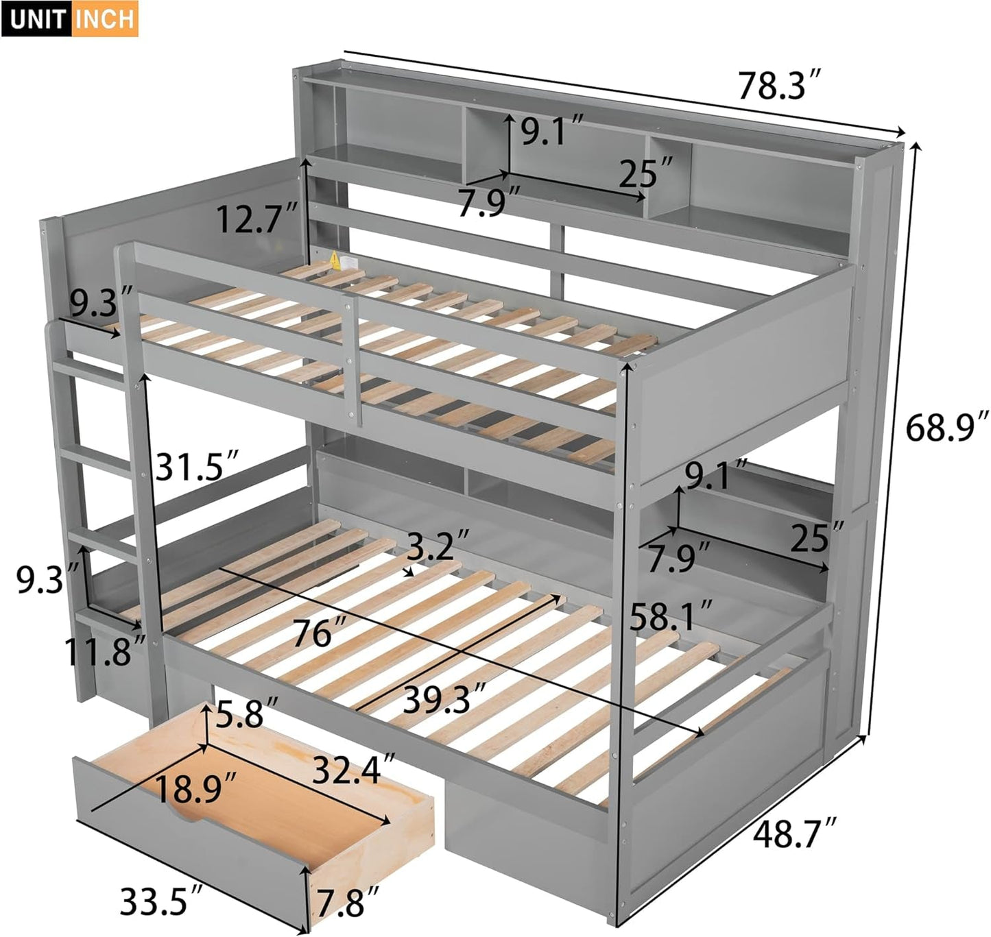 Twin Over Twin Bunk Bed Gray Storage Drawer And Shelves
