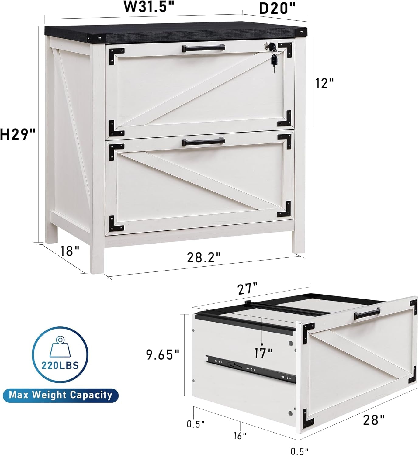 White Farmhouse Lateral File Cabinet With 2 Drawers