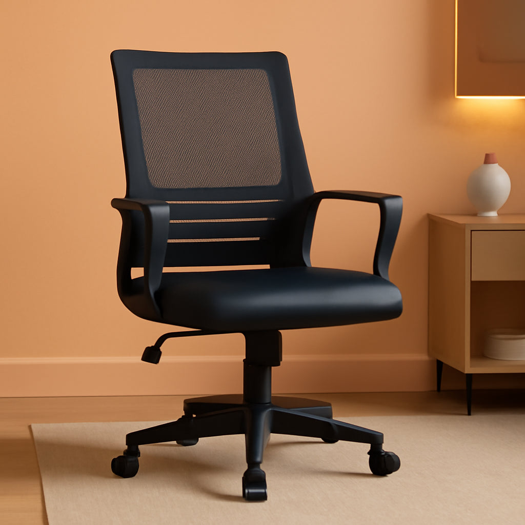 Ergonomic Office Chair Leather Seat Mesh Back Black With Lumbar Support