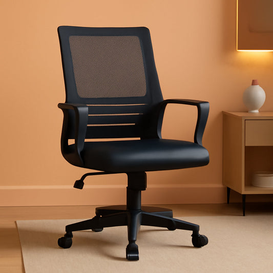 Ergonomic Office Chair Leather Seat Mesh Back Black With Lumbar Support