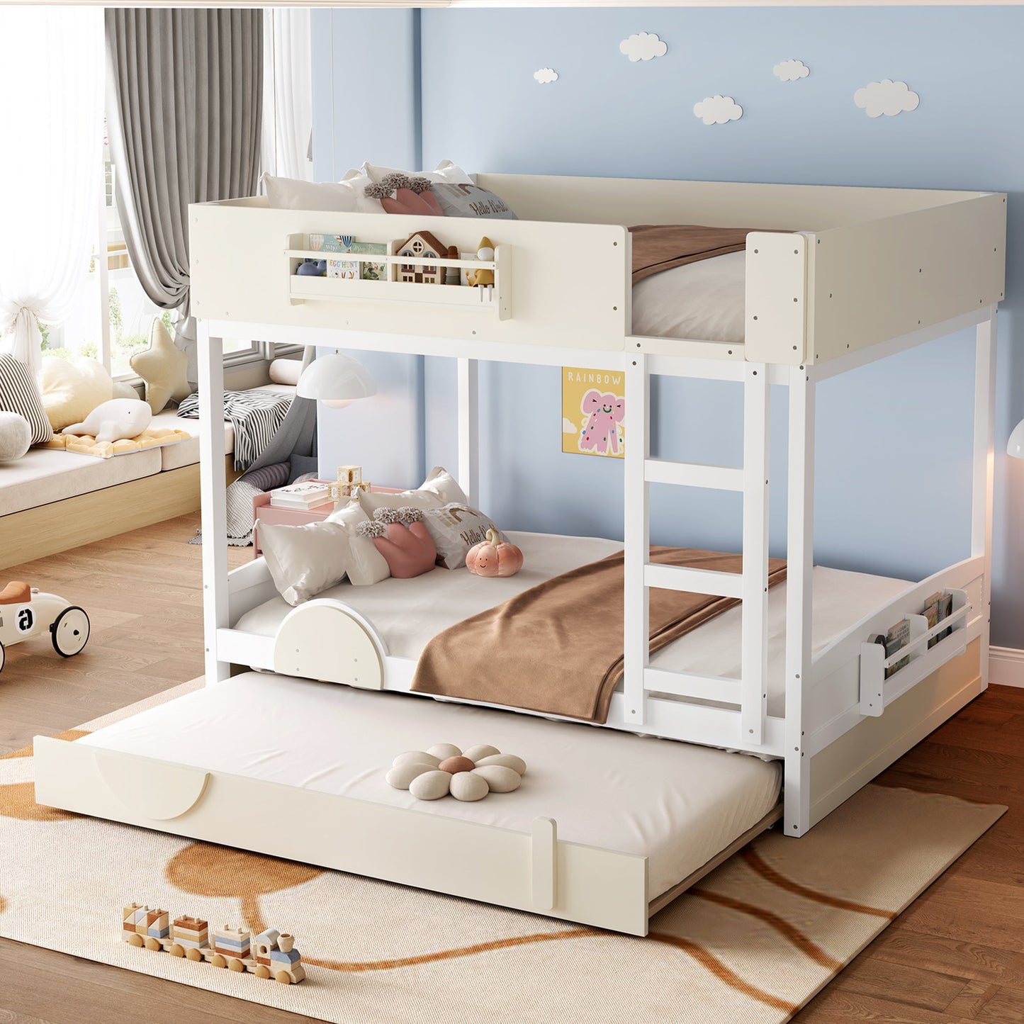 Queen Bunk Bed With Trundle and Bookshelf