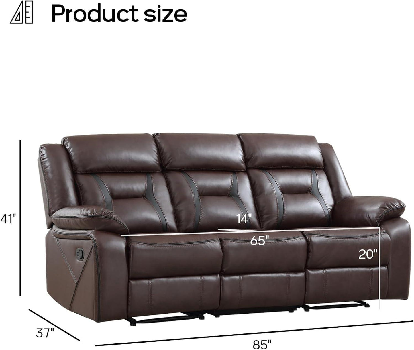 Three Seat Manual Reclining Sofa Dark Brown Faux Leather