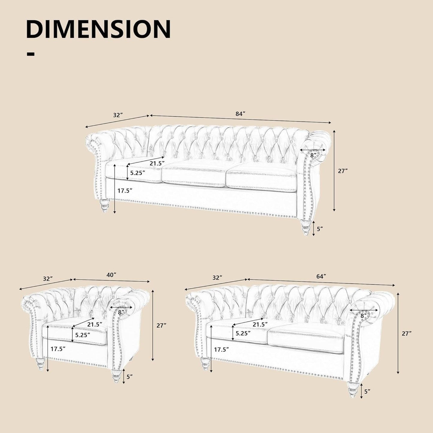 Beige Velvet Sectional Sofa Set With Button Tufting