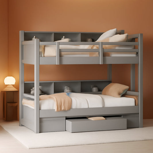 Gray Twin Over Twin Bunk Bed With Storage Drawers Shelves