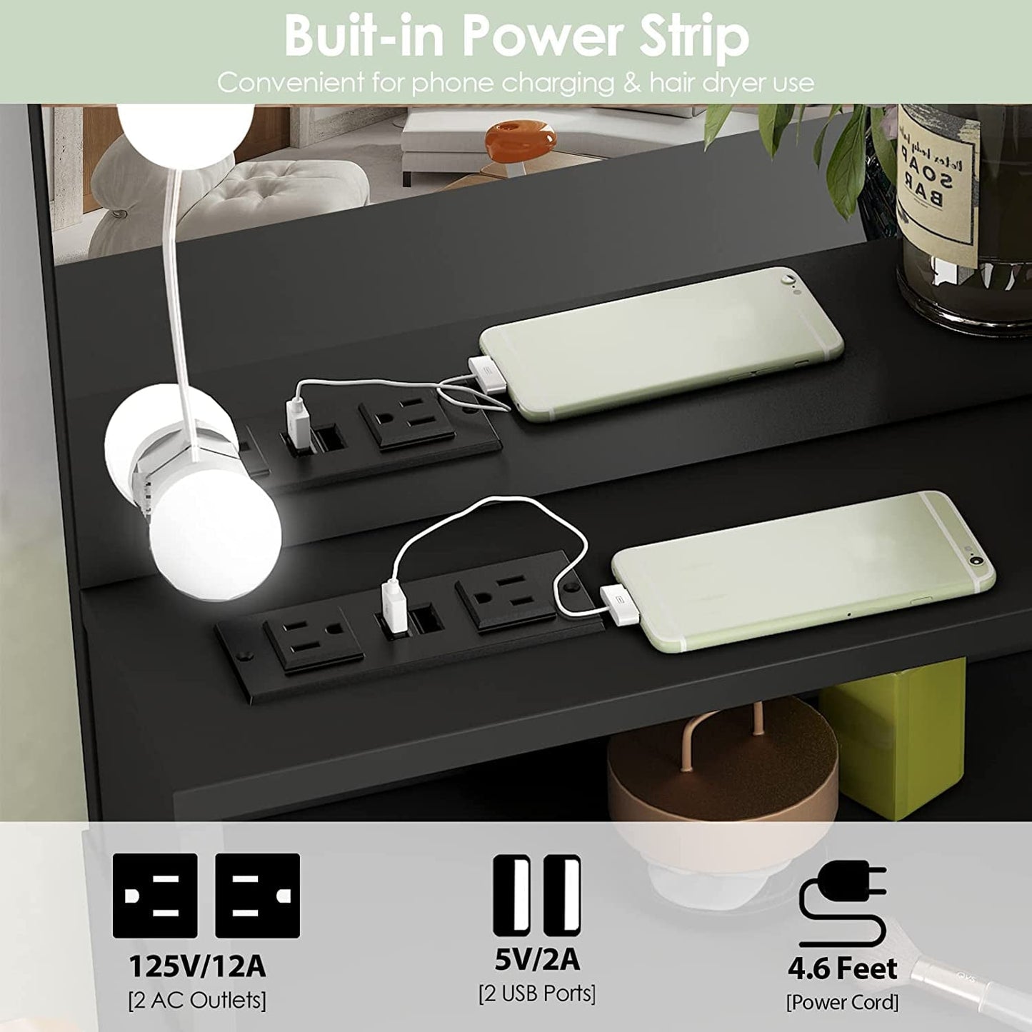 Black Makeup Vanity Table With Lighted Mirror And USB Ports with built-in power strip for convenient device charging.