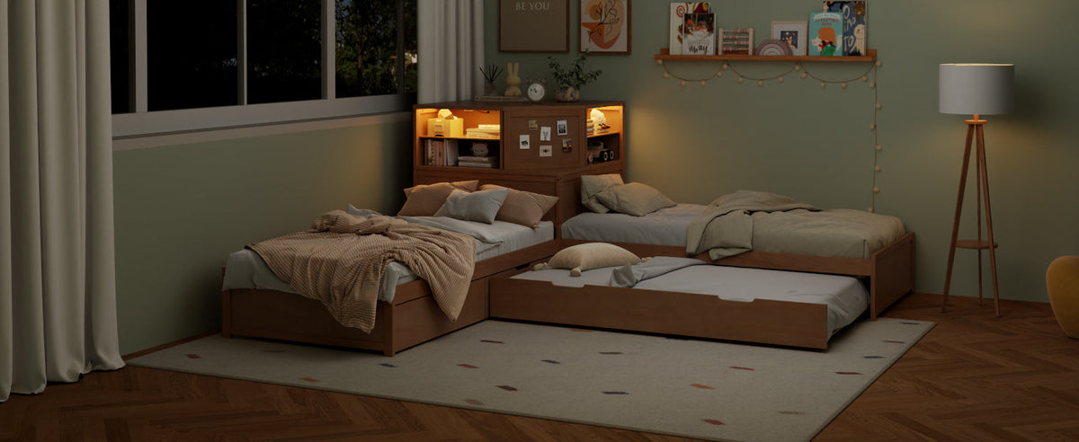 L-Shaped Combination Twin Bed Frame with Trundle and Drawer