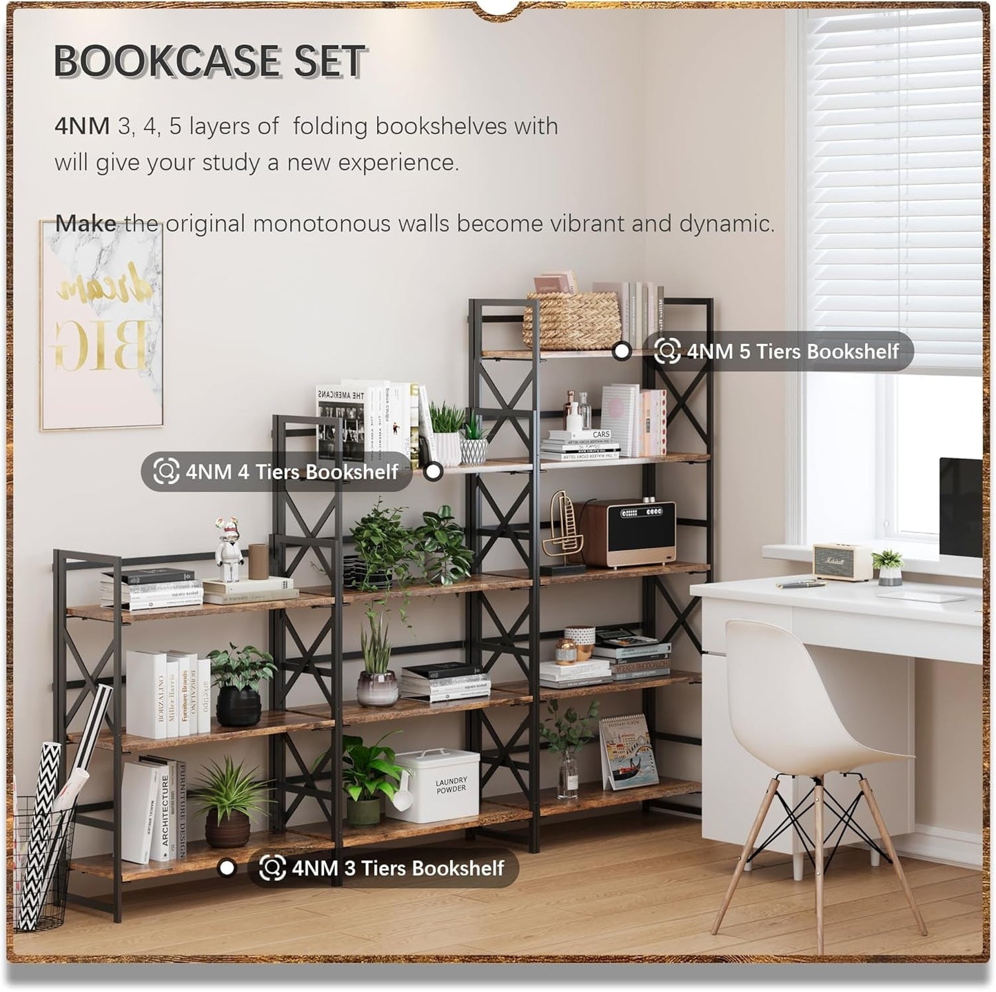 5 Tier Folding Bookshelf No Assembly Rustic Brown Storage