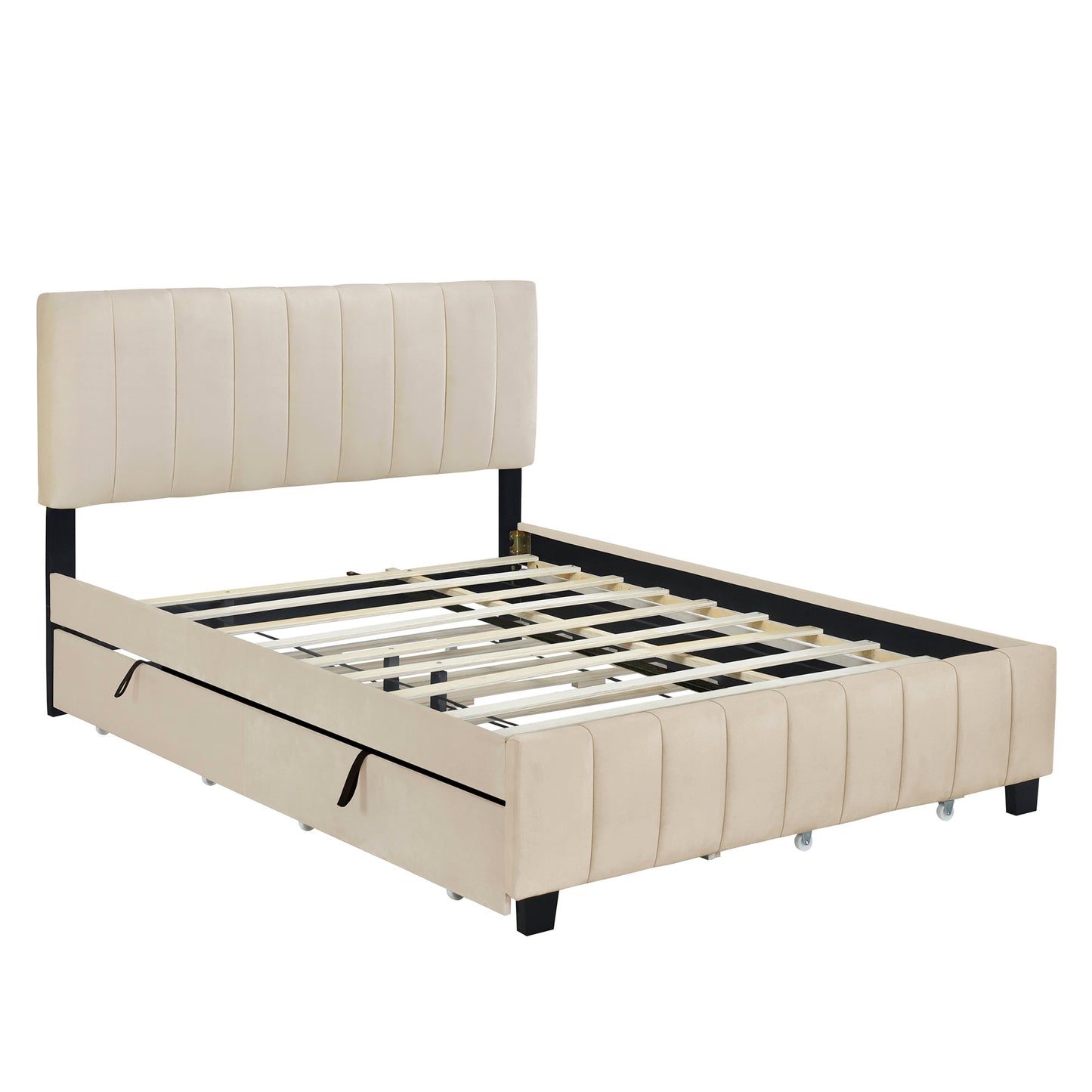Queen Size Velvet Upholstered Platform Bed with 2 Drawers and Trundle