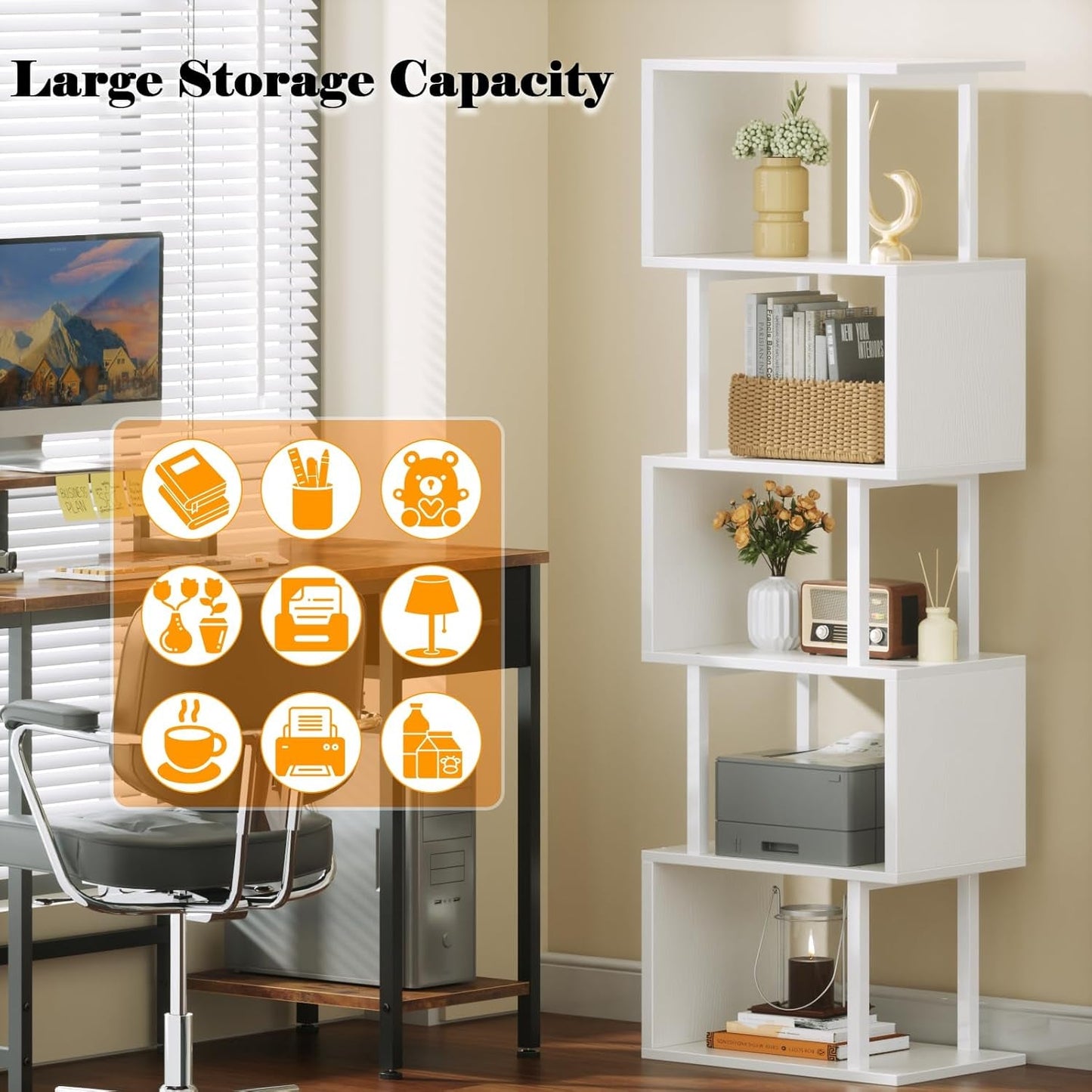 White Geometric S Shaped 6 Tier Bookshelf Freestanding Modern Bookcase