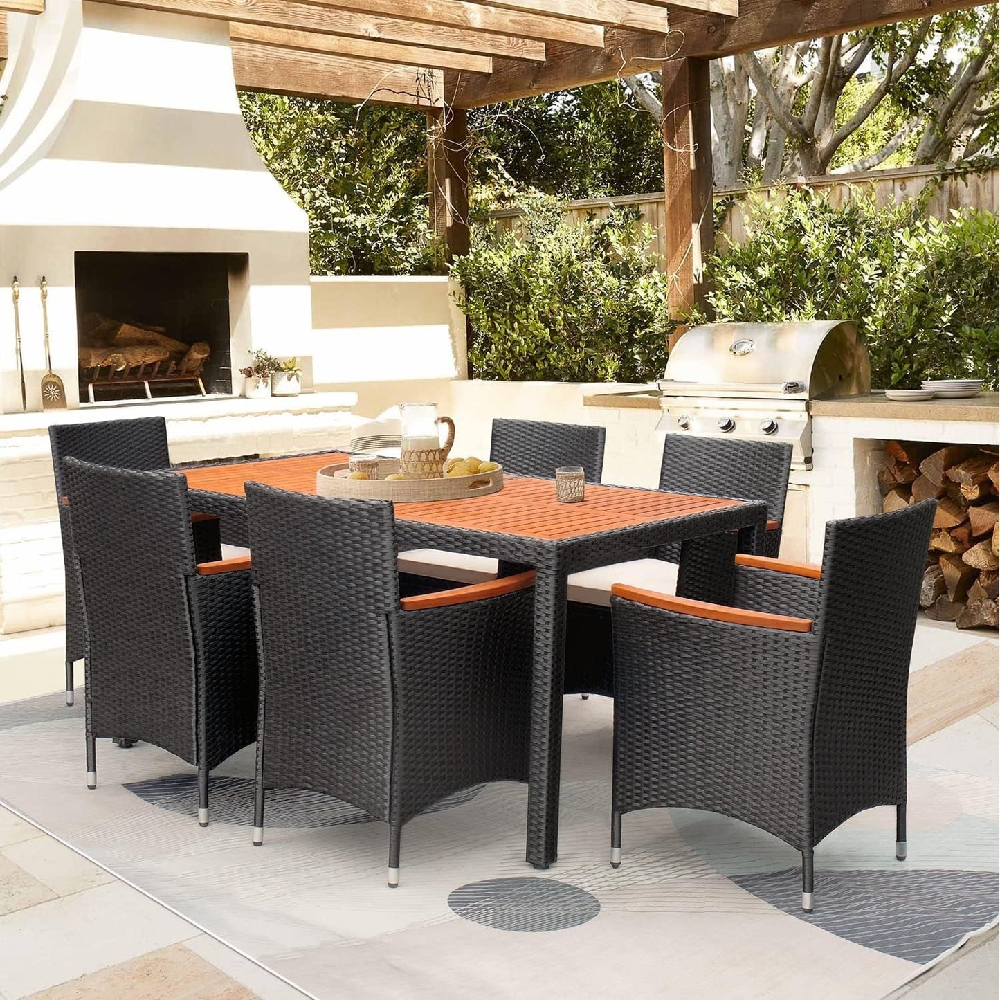 7 Piece Patio Dining Set Acacia Wood Table Wicker Chairs