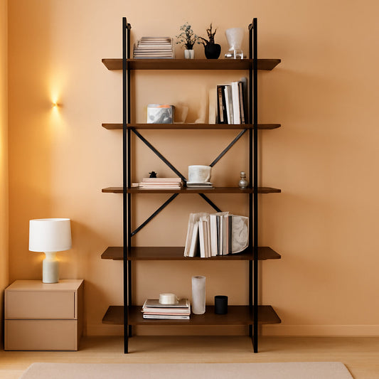 Five Tier Bookshelf Organizer Rustic Brown Metal Shelving