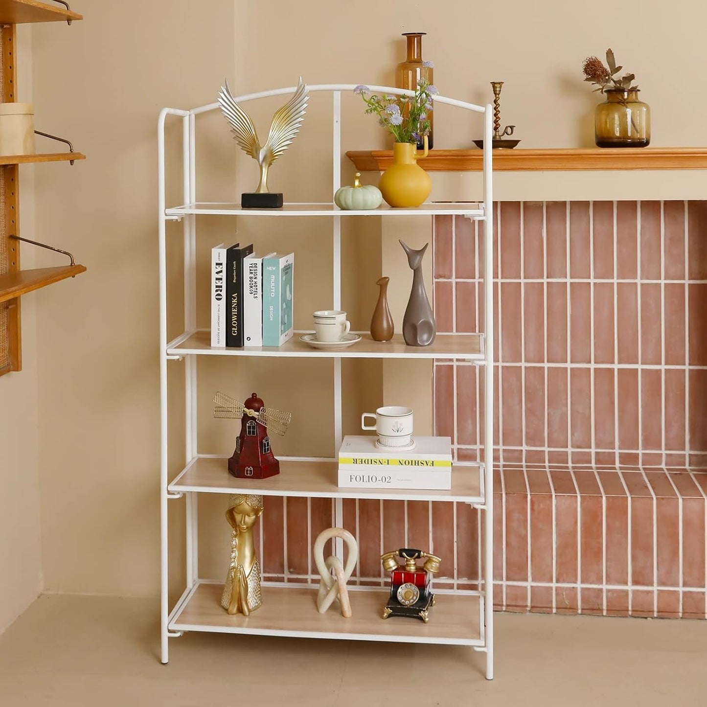 No Assembly Foldable Bookshelf 4 Tier White Bookcase