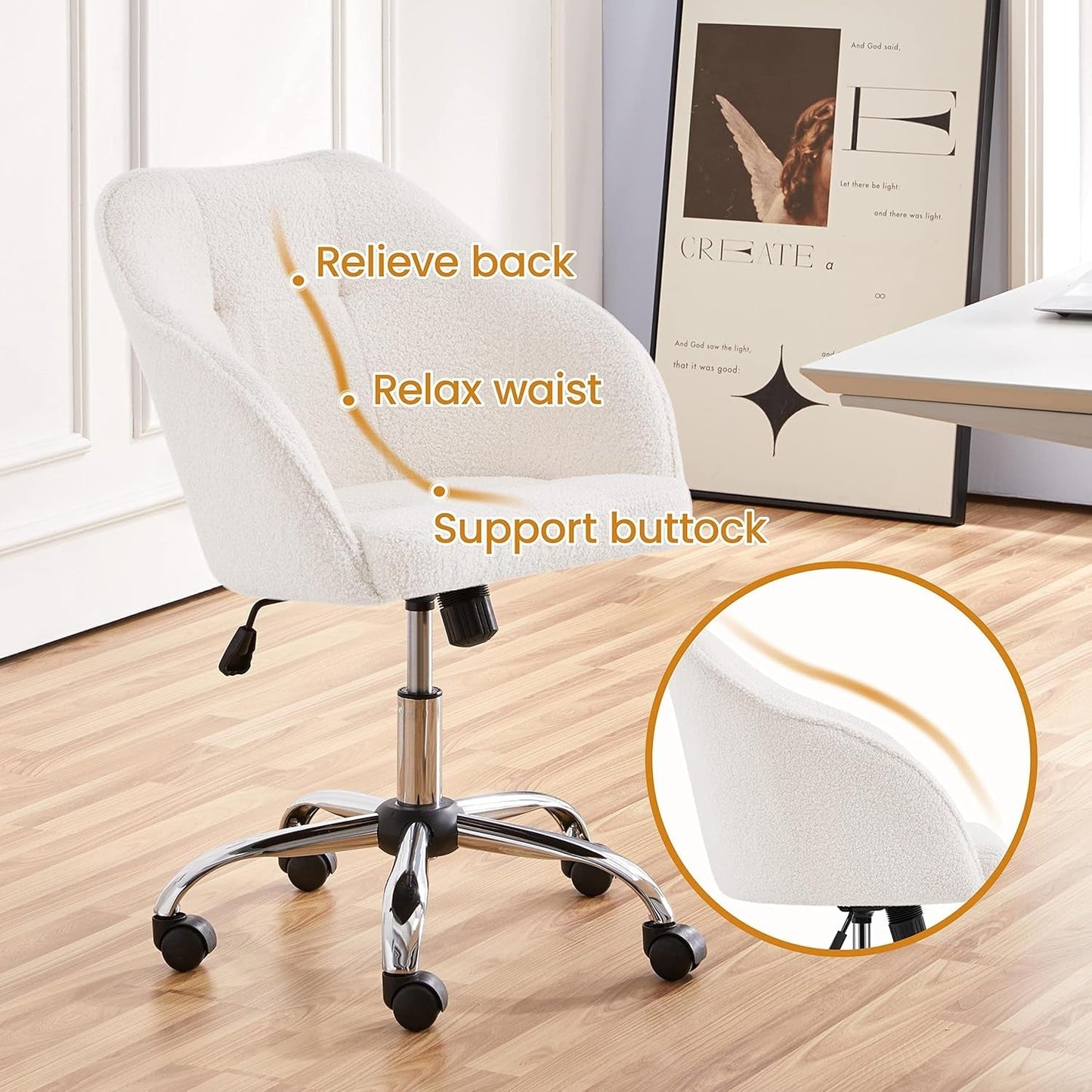 Ivory Upholstered Desk Chair With Adjustable Tilt Angle