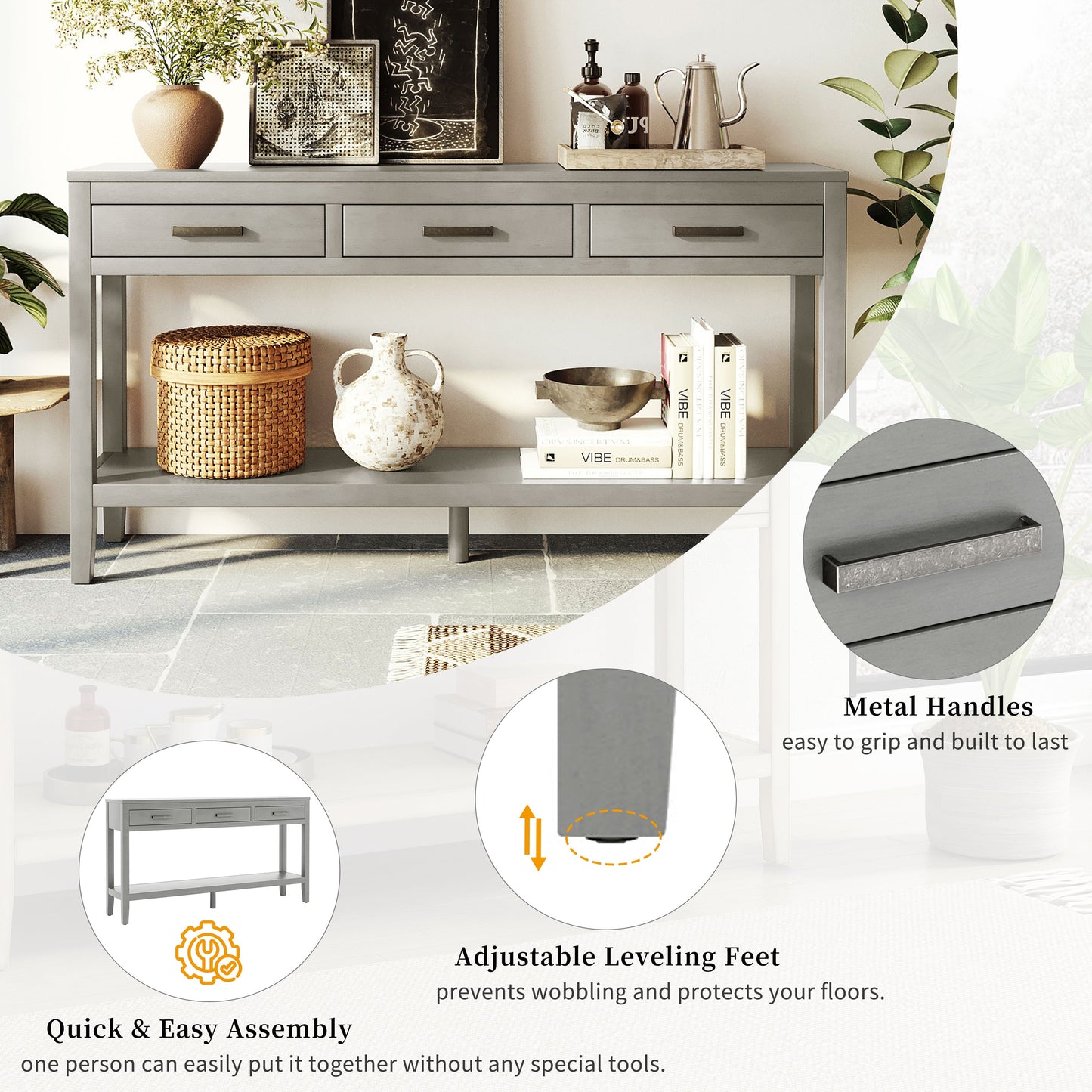 U_STYLE 59.1'' Farmhouse Entryway Table with 3 Drawers