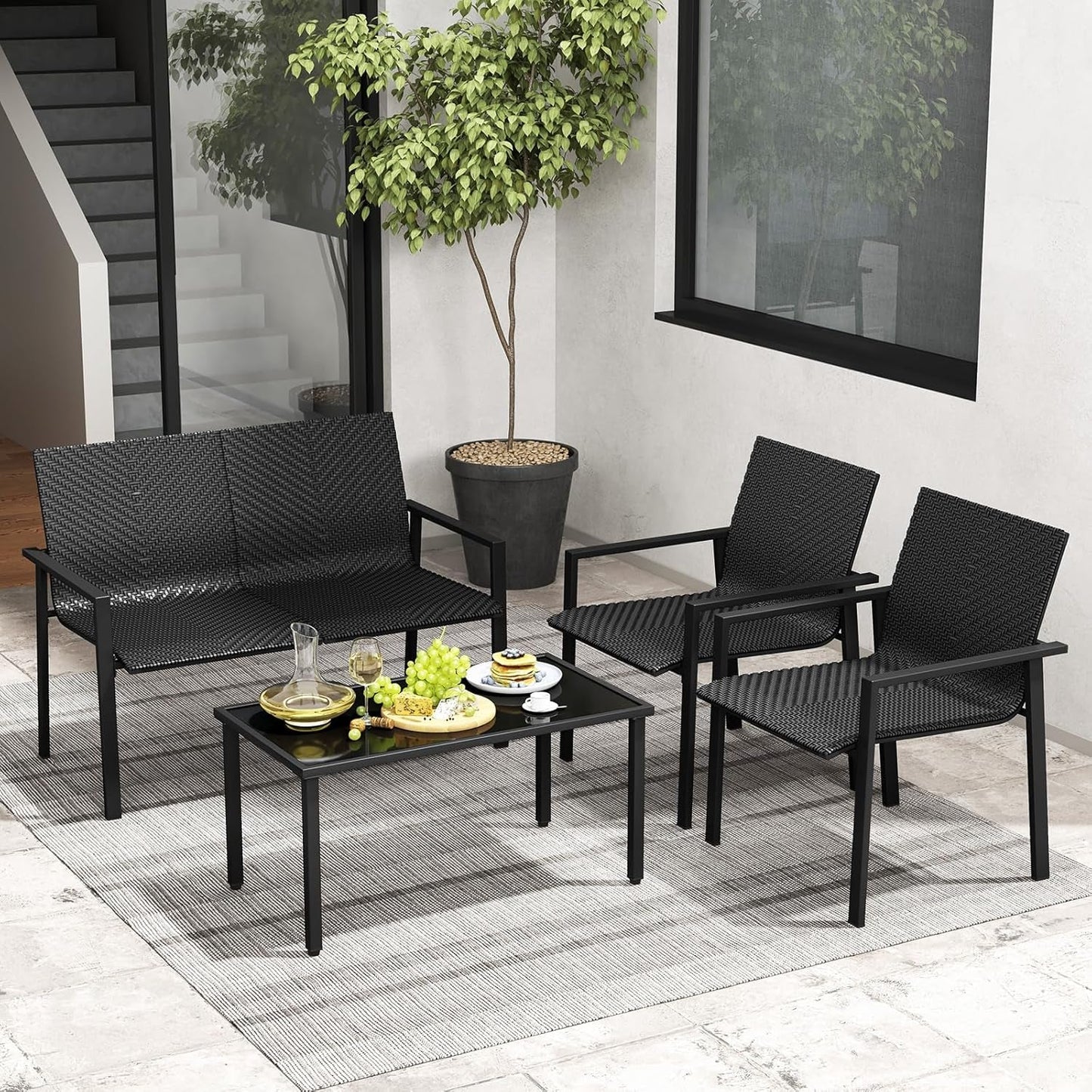4 Piece Wicker Patio Conversation Set Black Coffee Table