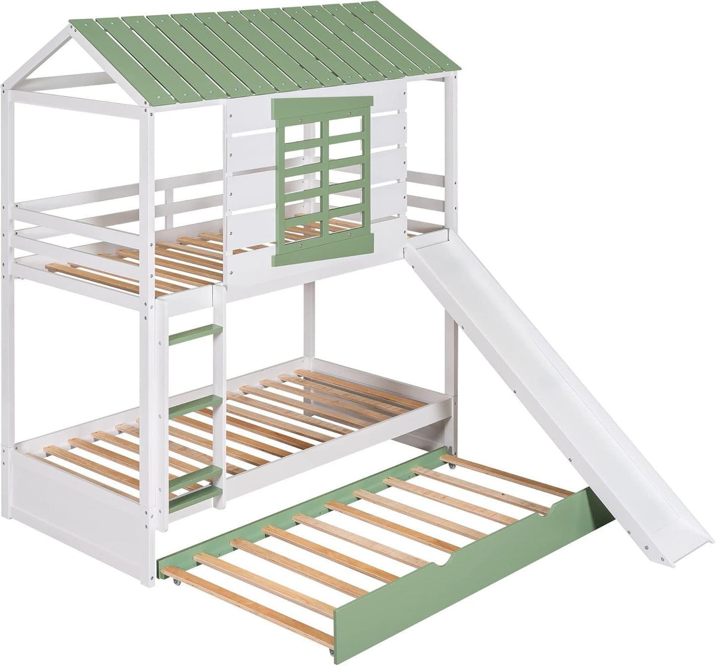 Bunk Bed Twin Over Twin With Slide And Trundle White Green
