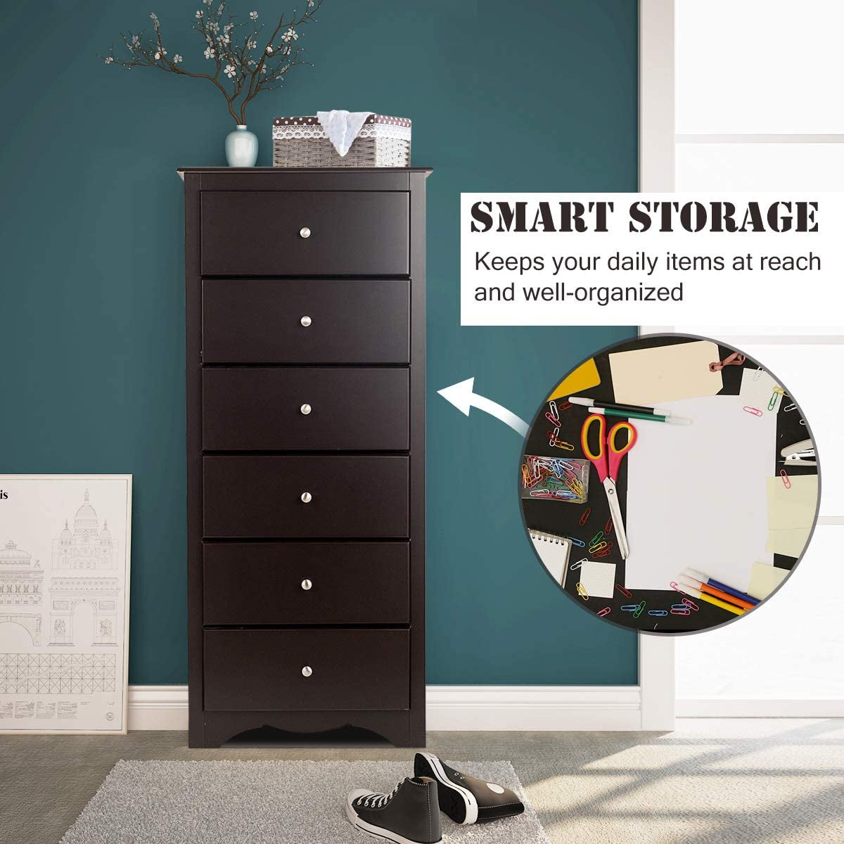 Brown Wood 6 Drawer Dresser For Bedroom Storage Unit