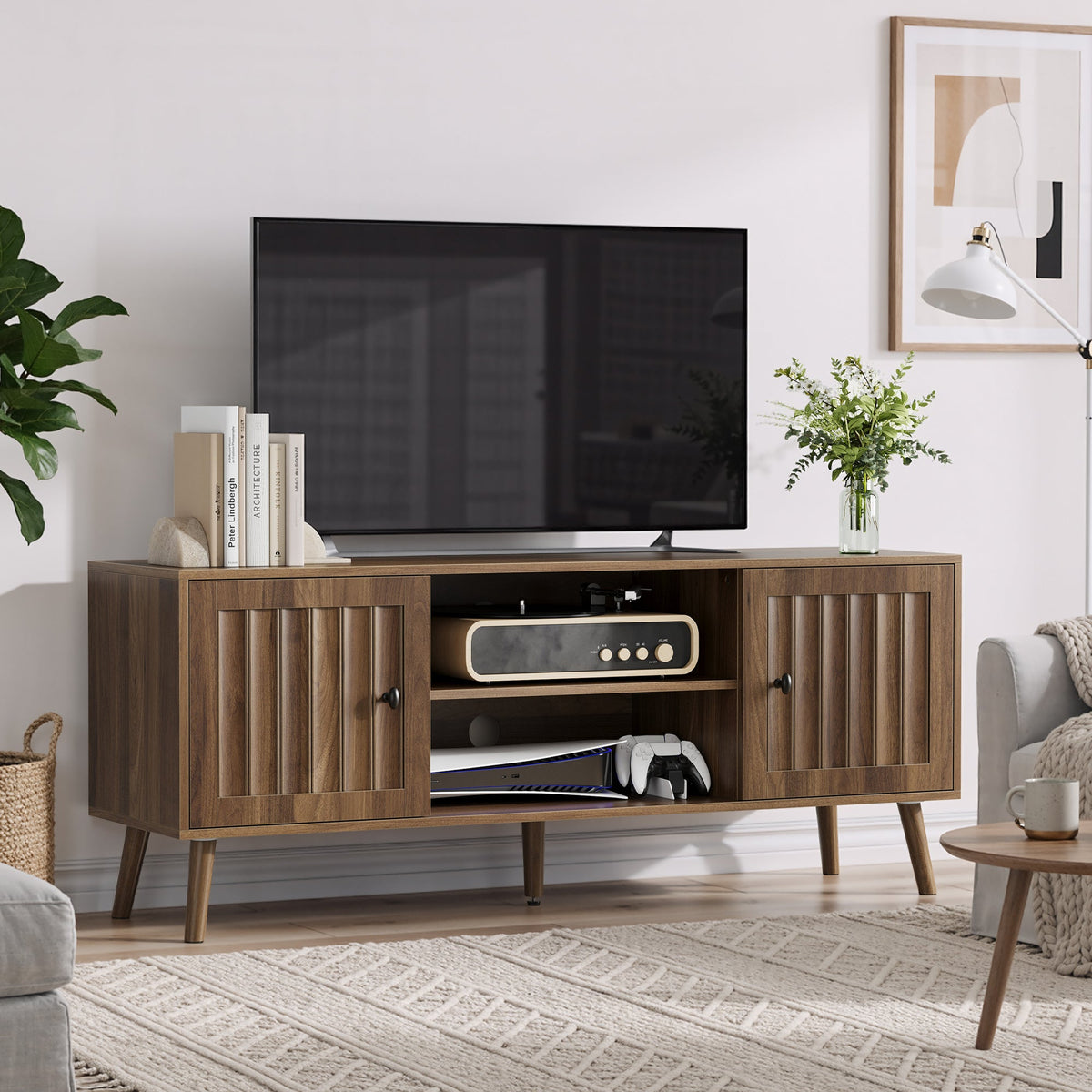55-Inch Wooden TV Cabinet with 2 Vertical Groove Doors