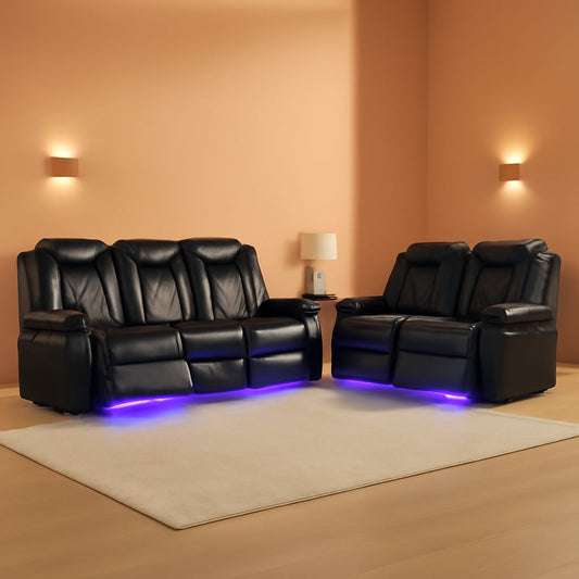 Power Recliner Sofa With LED Lights Black Leather 2 Piece