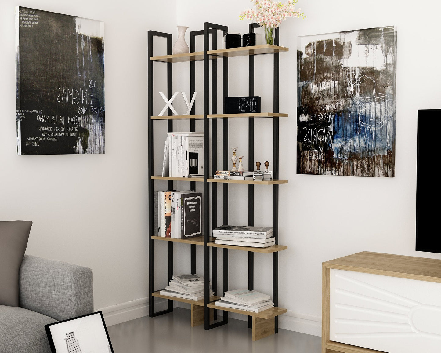 Alice 71" Tall Metal Manufactured Wood Bookcase | Corner Bookcase