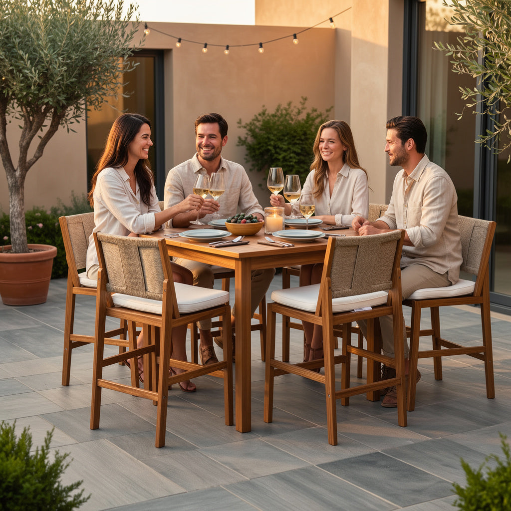 4 Pieces Natural Outdoor Bar Stool Solid Acacia Wood and Woven Wicker