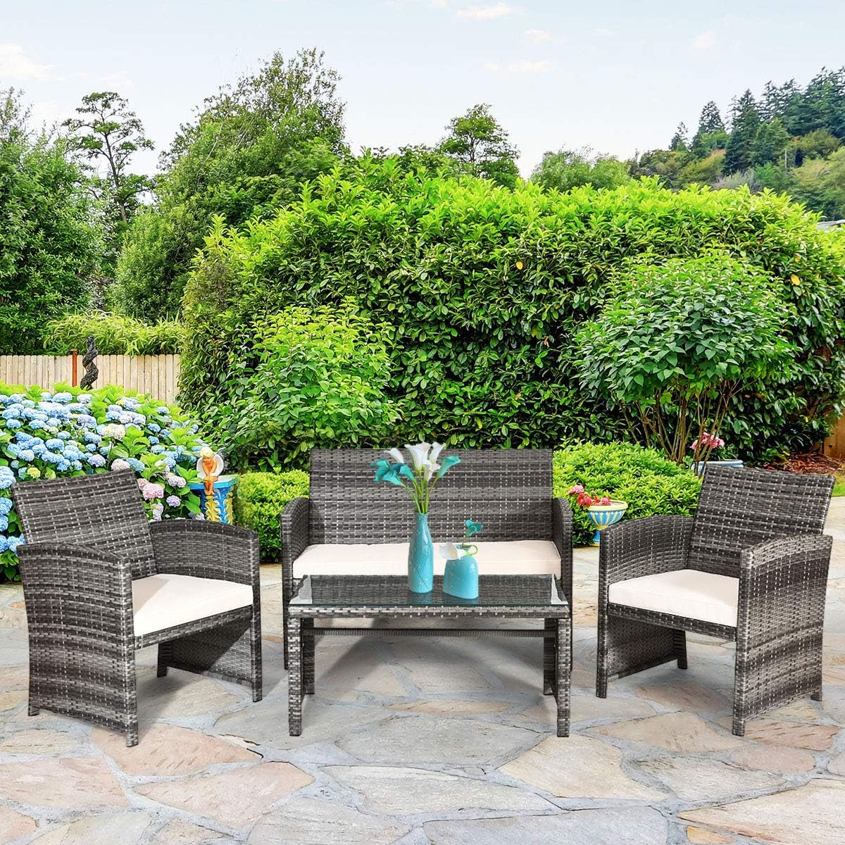 4 Piece Wicker Patio Conversation Set With Soft Cushions