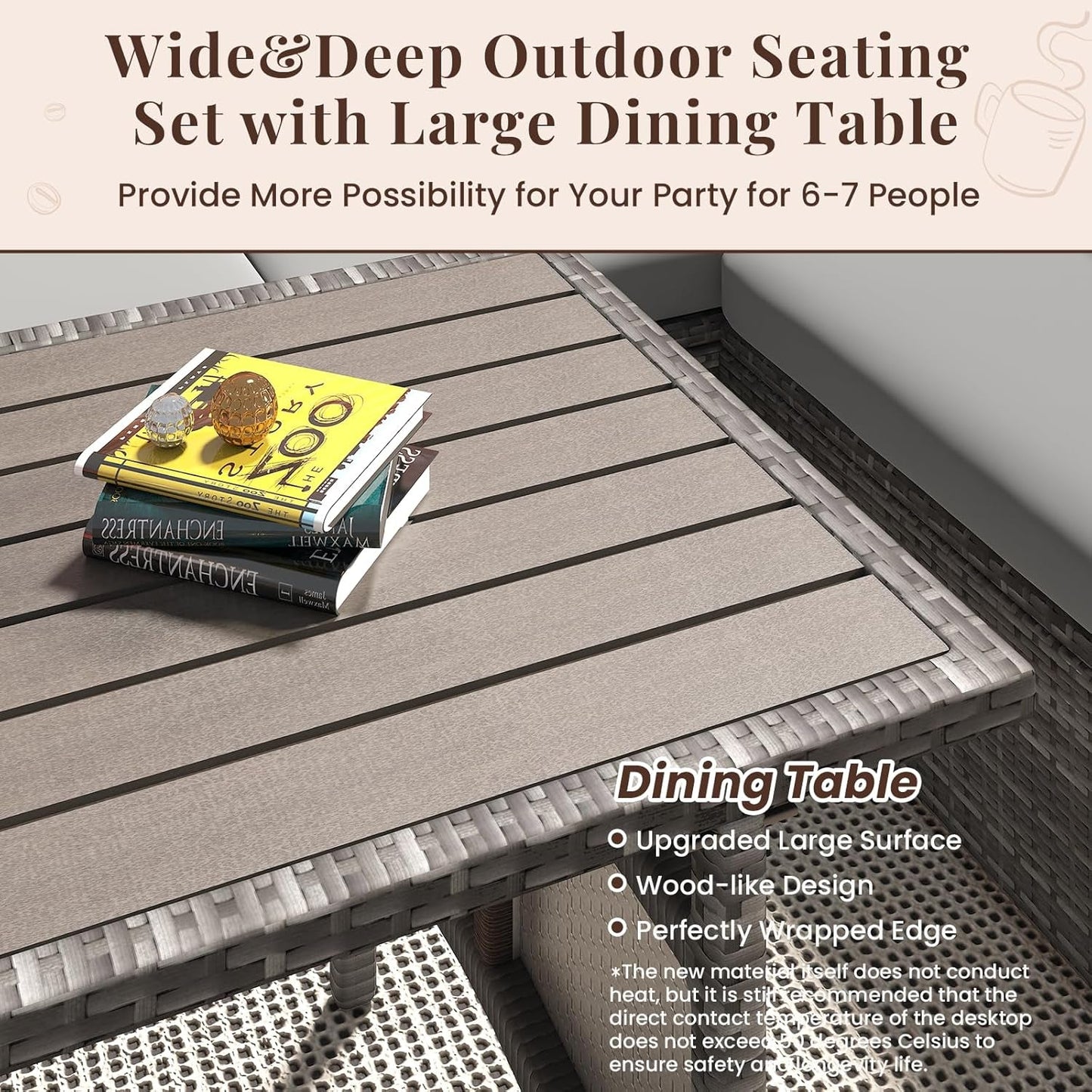 Wide&Deep Outdoor Seating Set with Large Dining Table for 6-7 People, featuring upgraded surface and wood-like design.