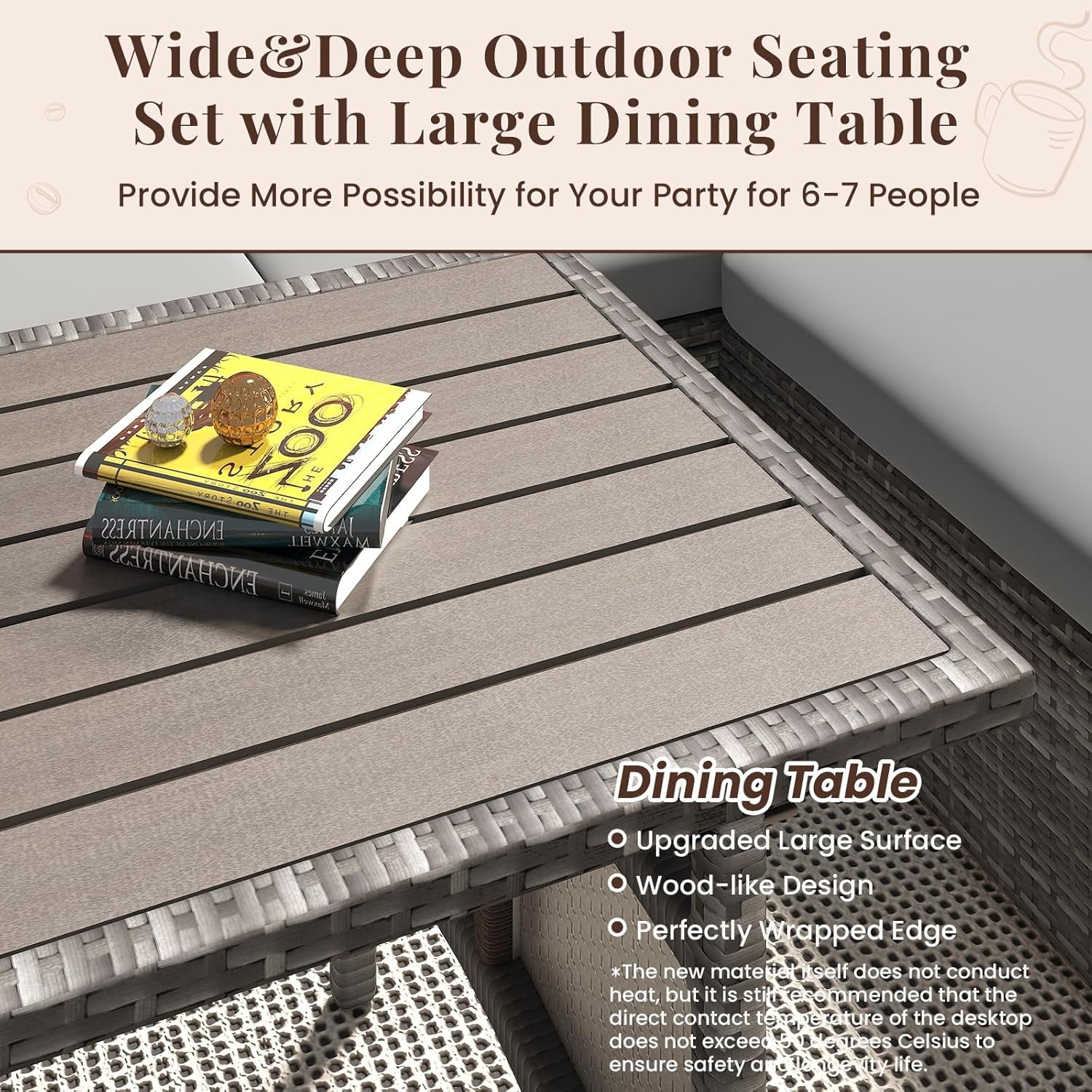 Wide&Deep Outdoor Seating Set with Large Dining Table for 6-7 People, featuring upgraded surface and wood-like design.
