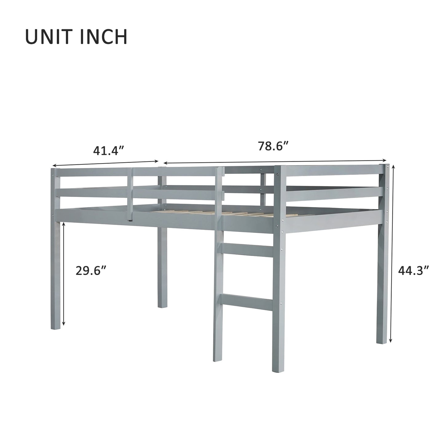 Solid Wooden, Rubber Wooden Twin Loft Bed with Ladder, Bed Platform of Strengthened Slats , Grey