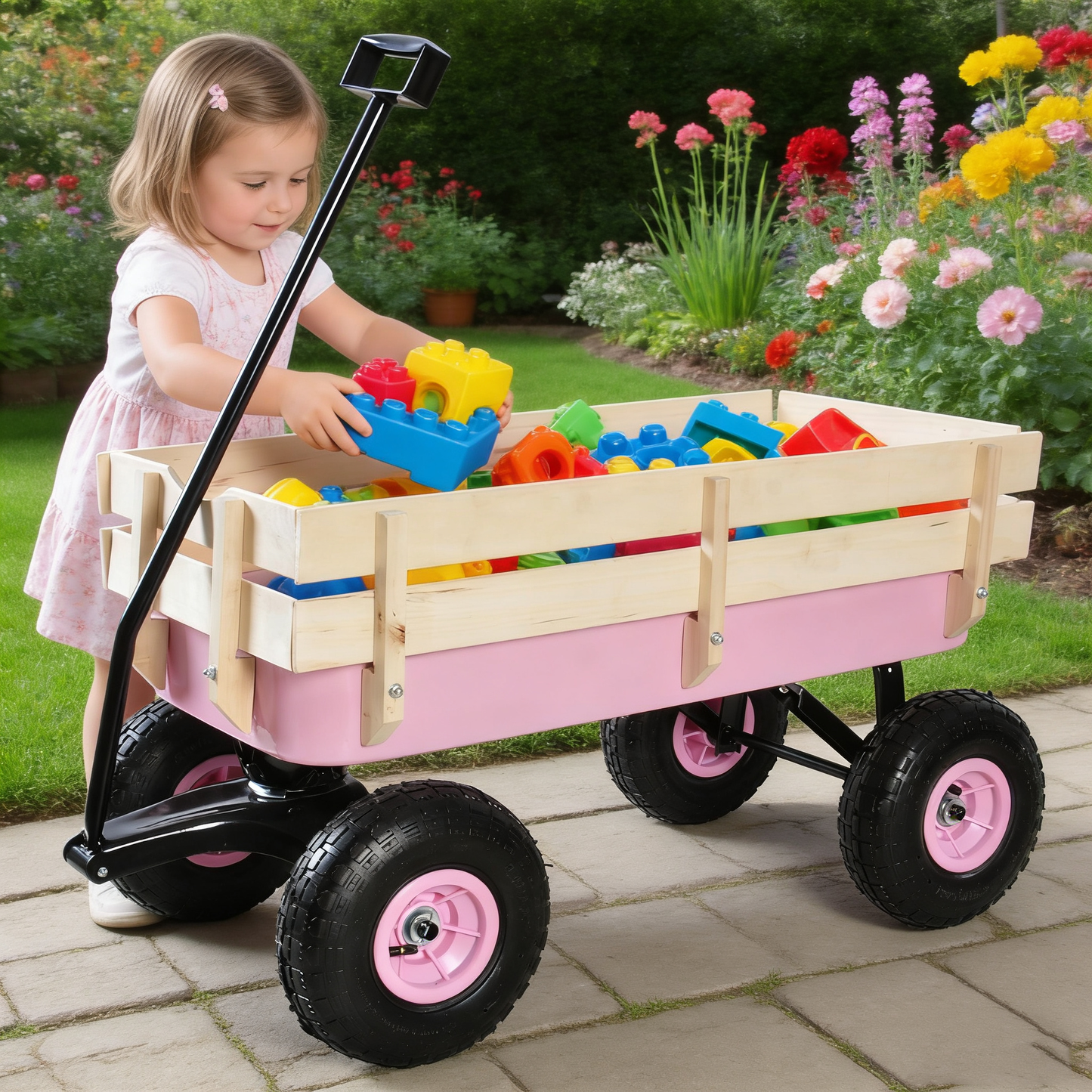 Outdoor Wagon with Wood Railing and Air Tires