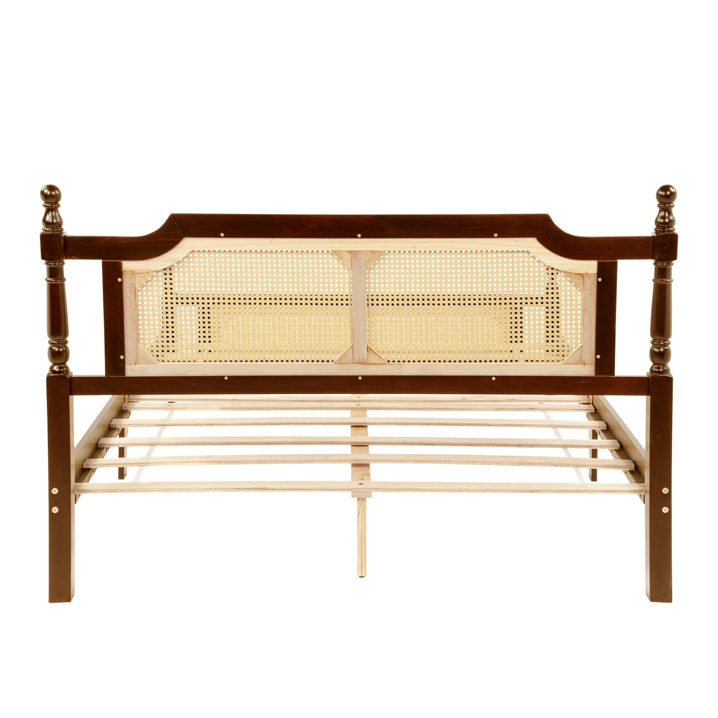 Queen Pine wooden Bed with Rattan Headboard  and Footboard, with  Central Enhanced Bed Platform,Walnut