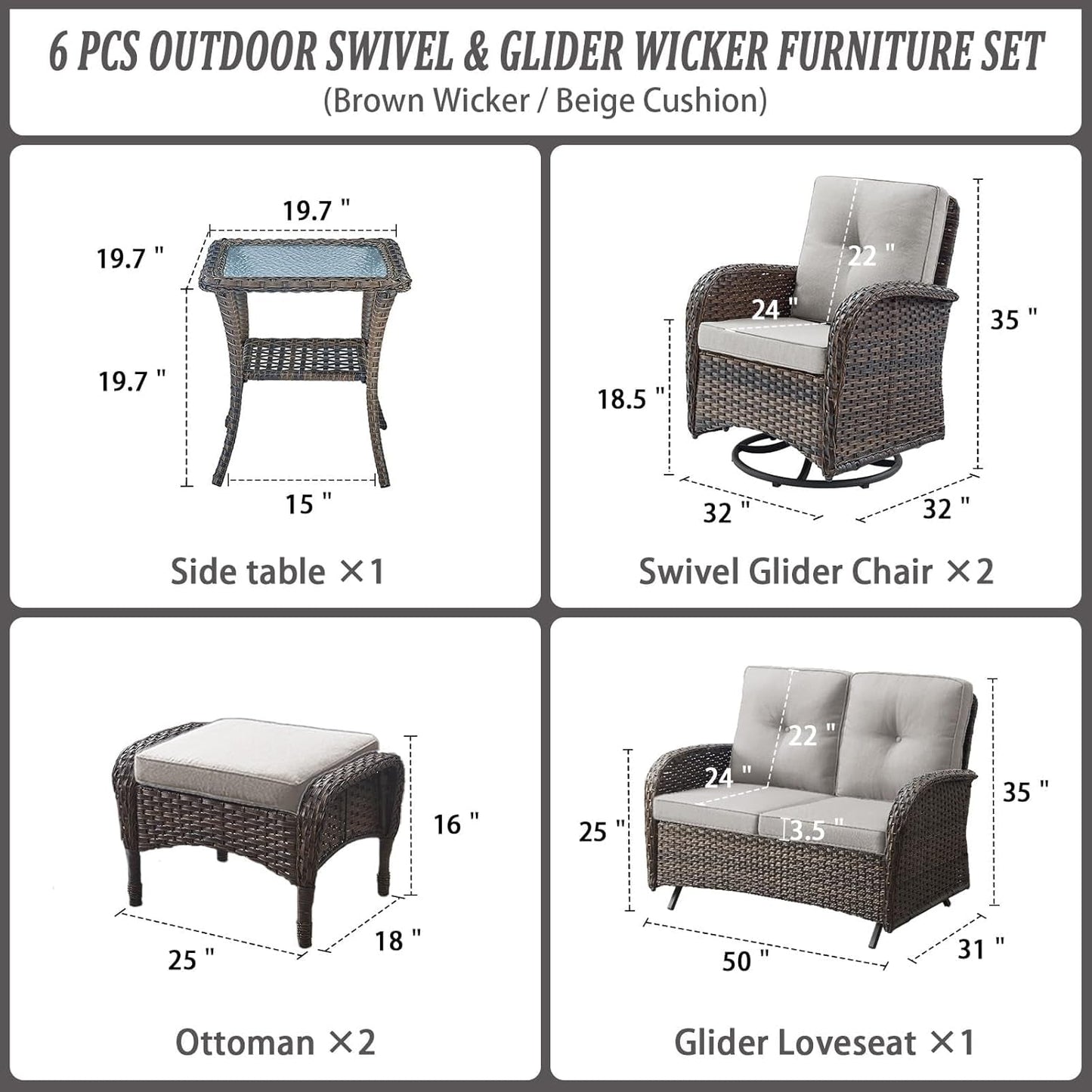 Six Piece Wicker Patio Set Brown With Swivel Chairs