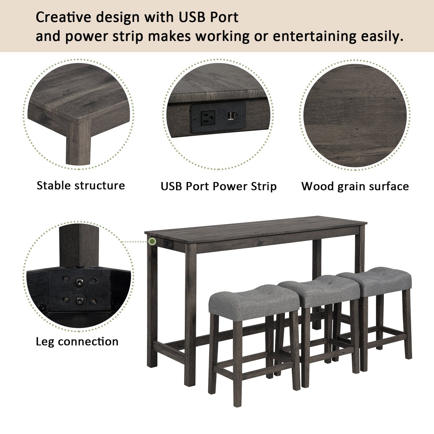 4 Piece Bar Table Set with Power Outlet