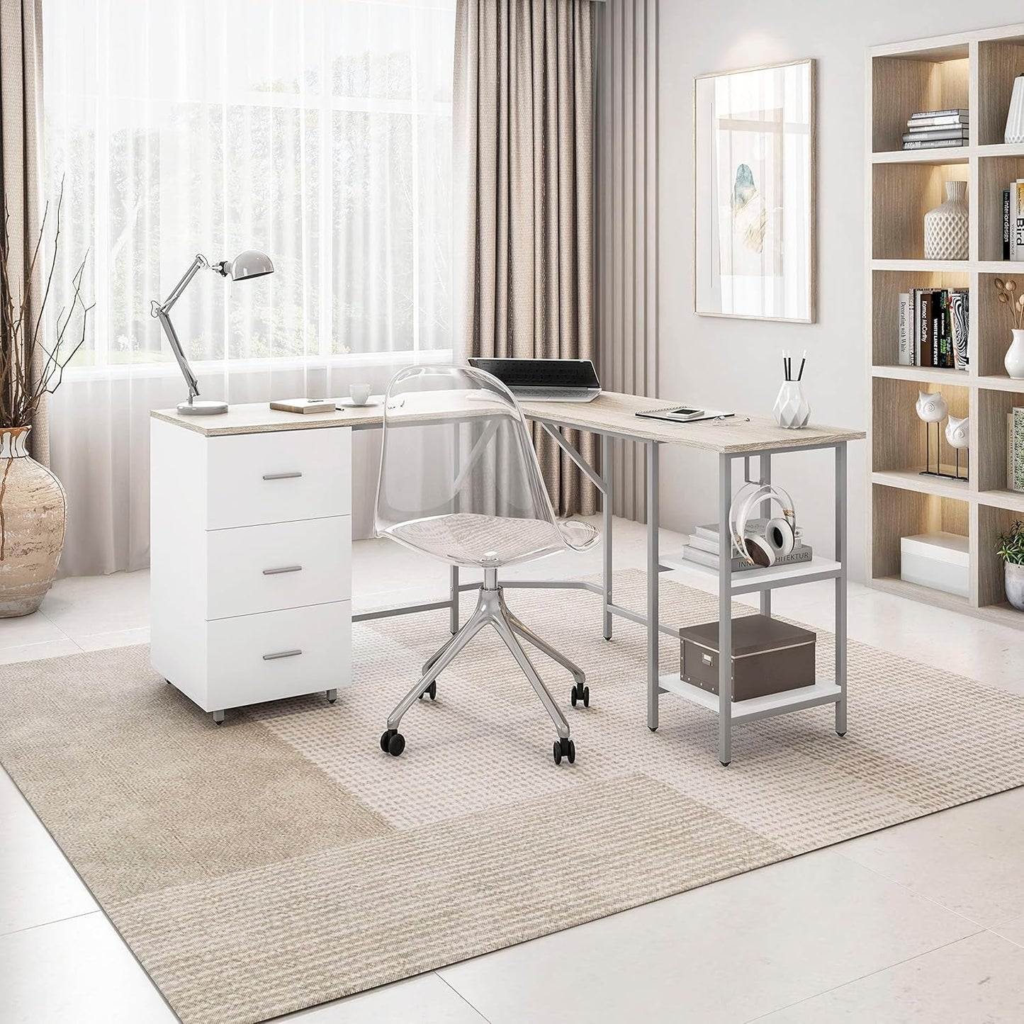 L Shaped Desk Two Toned With Drawers And Open Shelf Home Office