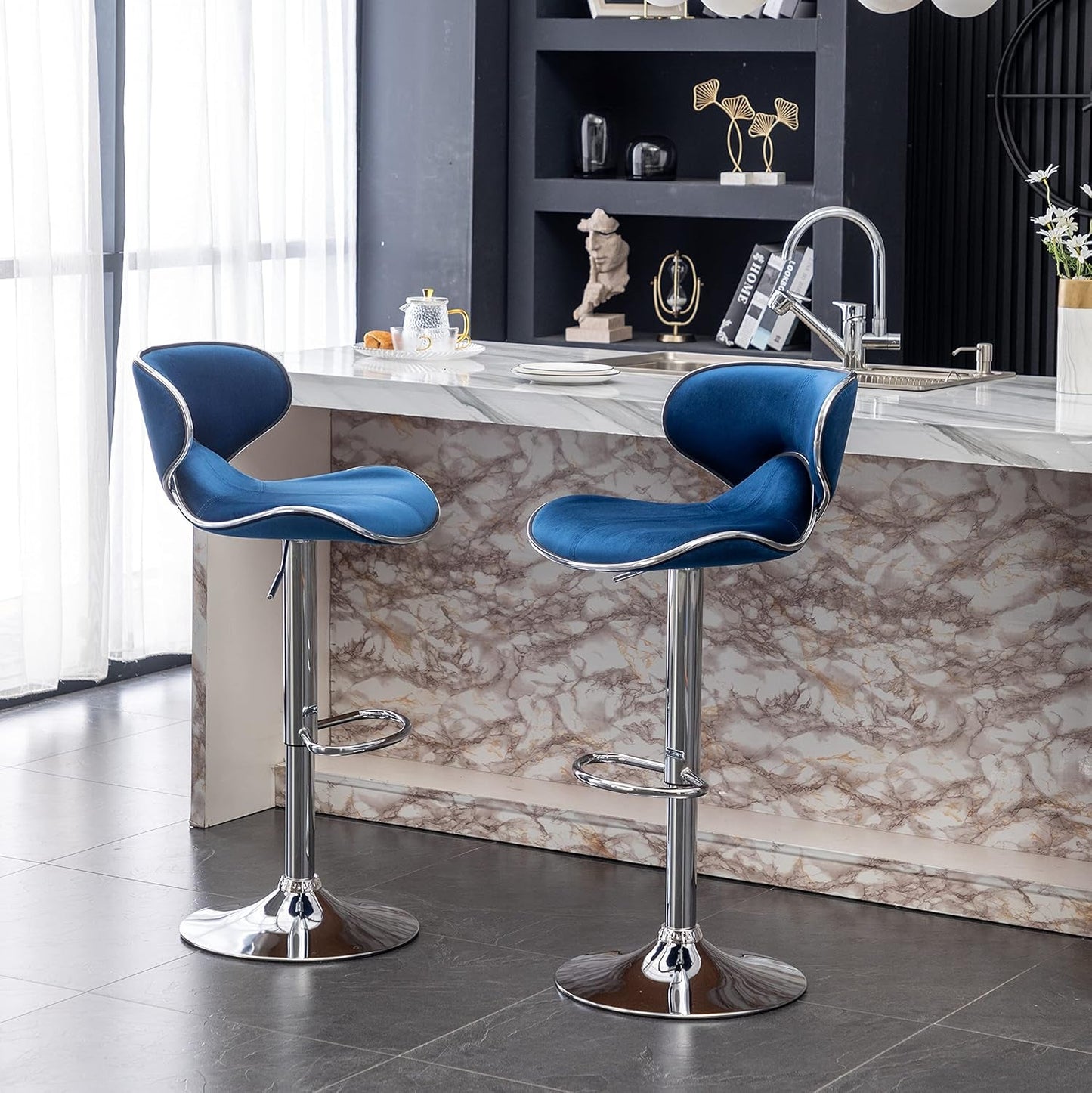 Blue Velvet Upholstered Adjustable Swivel Barstool Set Of 2