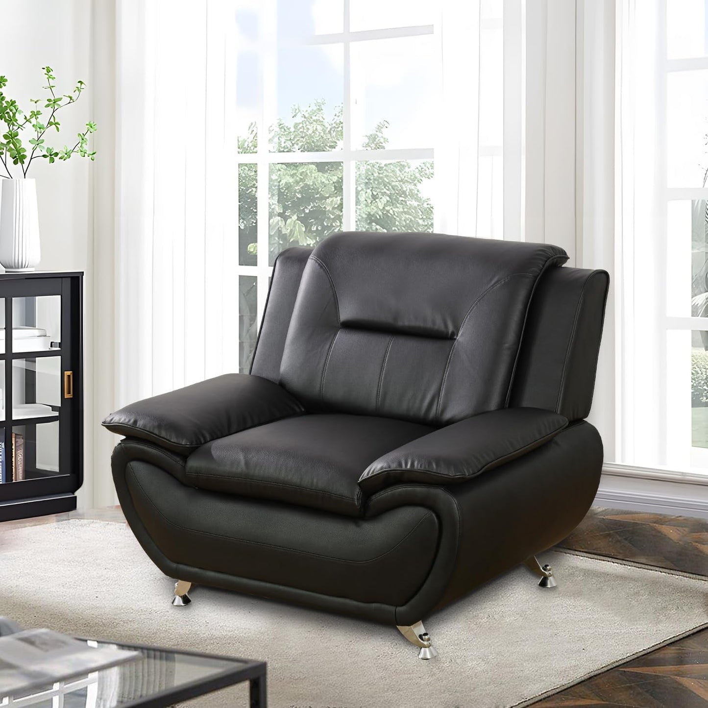 Faux Leather 3 Piece Modern Living Room Sofa Set Black