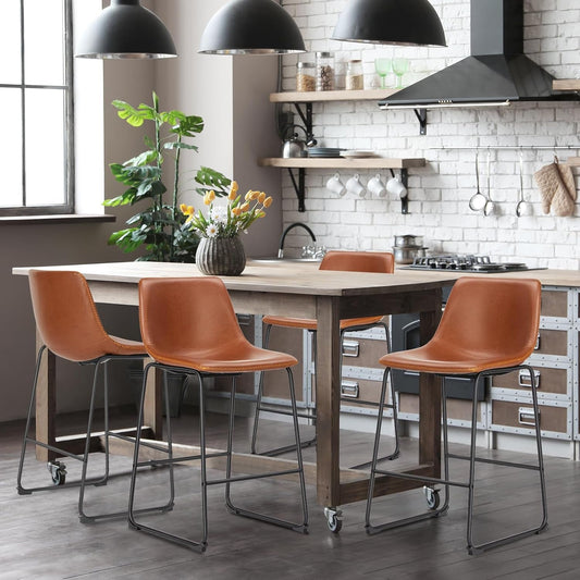 26 Inch Counter Height Bar Stools Set Of 4 With Back Brown Faux Leather And Metal Legs